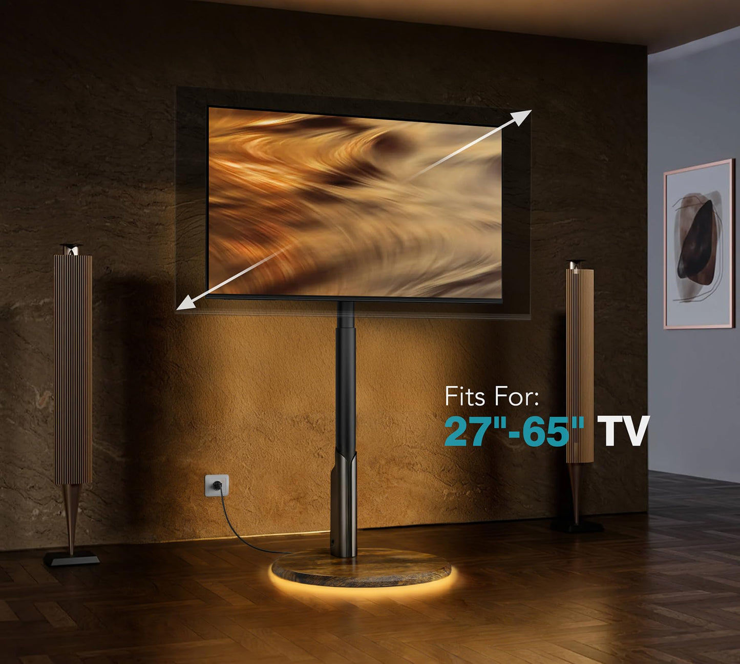 LLDEPLL Mobile TV Stand with Power Outlet, Rolling TV Cart for 27-65 Inch OLED LED Monitors, 6 Levels of Height Adjustment, Ambient RGB Lighting on The Bottom Wheels Holds up to 88lbs