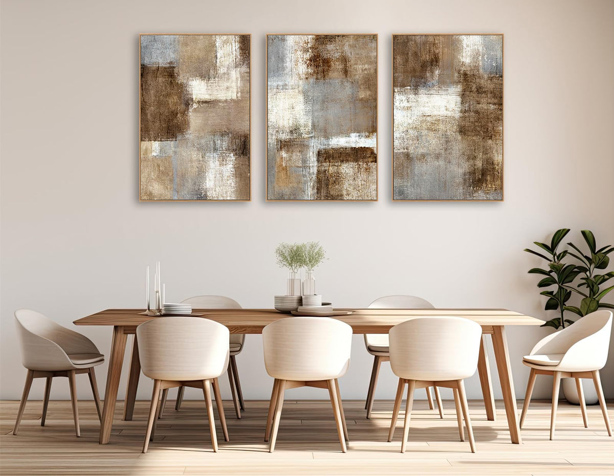 Large Abstract Framed Wall Art - Natural Float Framed Canvas Pictures Wall Art Prints for Living Room Decor Rustic Artwork Brown for Bedroom Kitchen Home Office Decoration 72" X 36" Set of 3