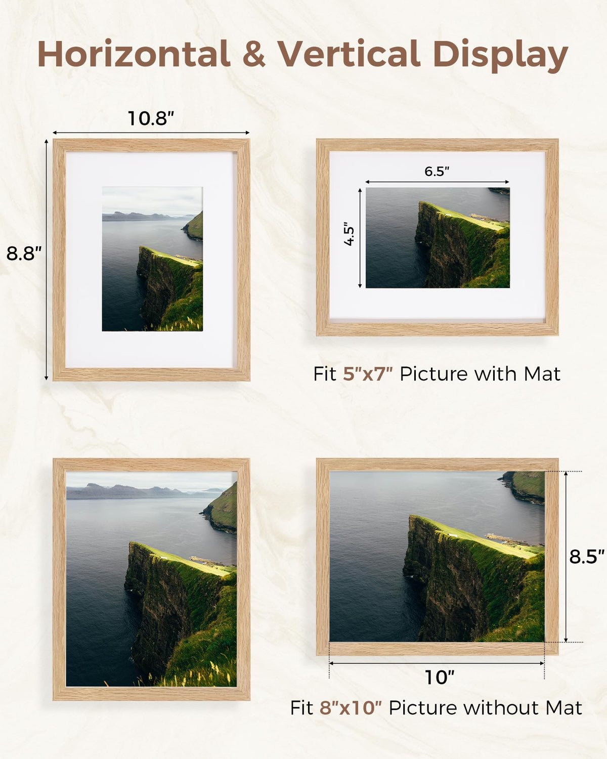 Marsmiles 8x10 Wooden Picture Frame, USA-Sourced Natural Oak Solid Wood Photo Frame with Plexiglass for Display Pictures 5x7 with Mat or 8x10 without Mat, Natural, 1 Pack
