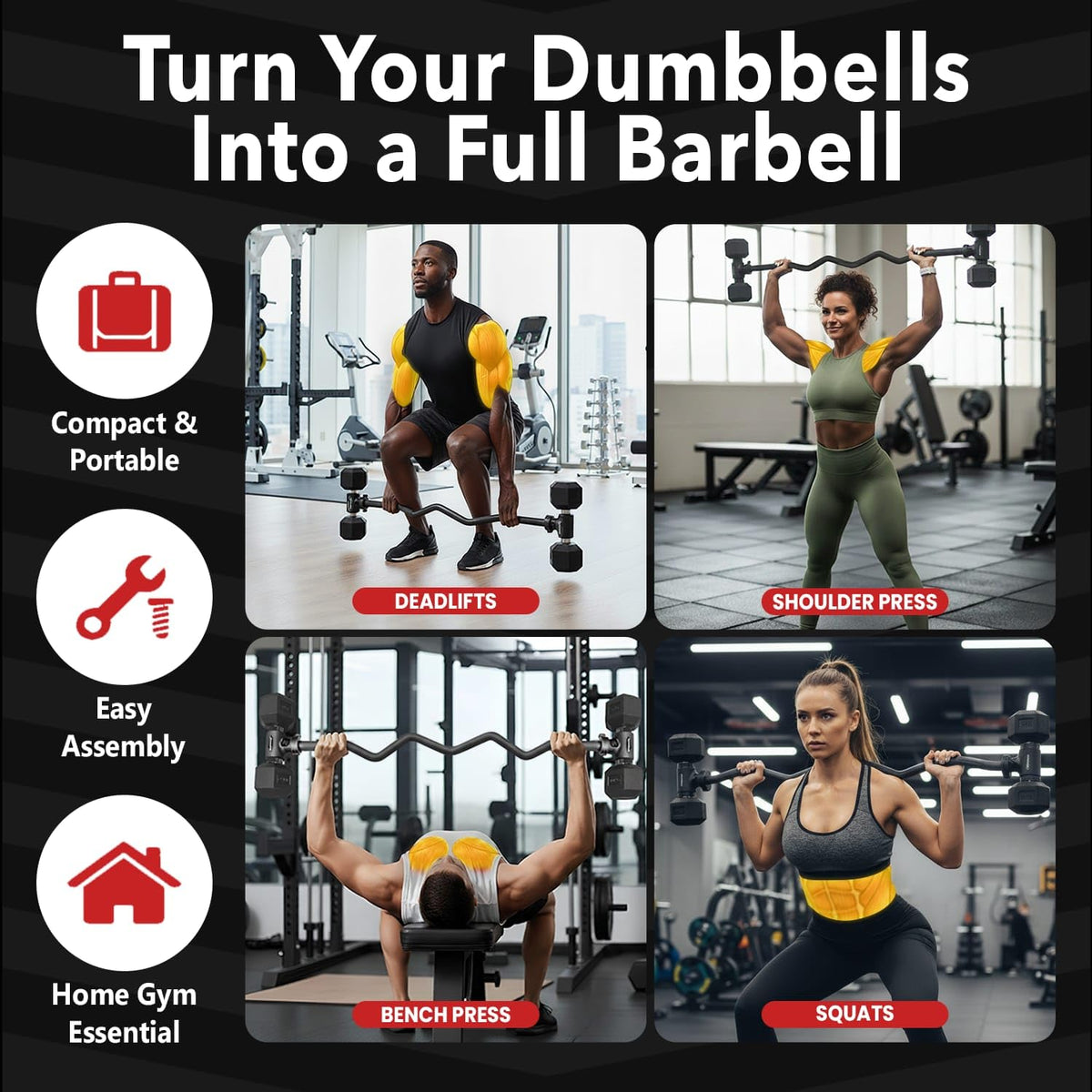 Dumbbell Barbell Converter Bar - Adjustable Dumbbell to Barbell Connector - Heavy Duty Steel Dumbbell Extension Bar with Secure Locking System - Non Slip Grip Handles - Home Gym Strength Training, 200 lb Capacity