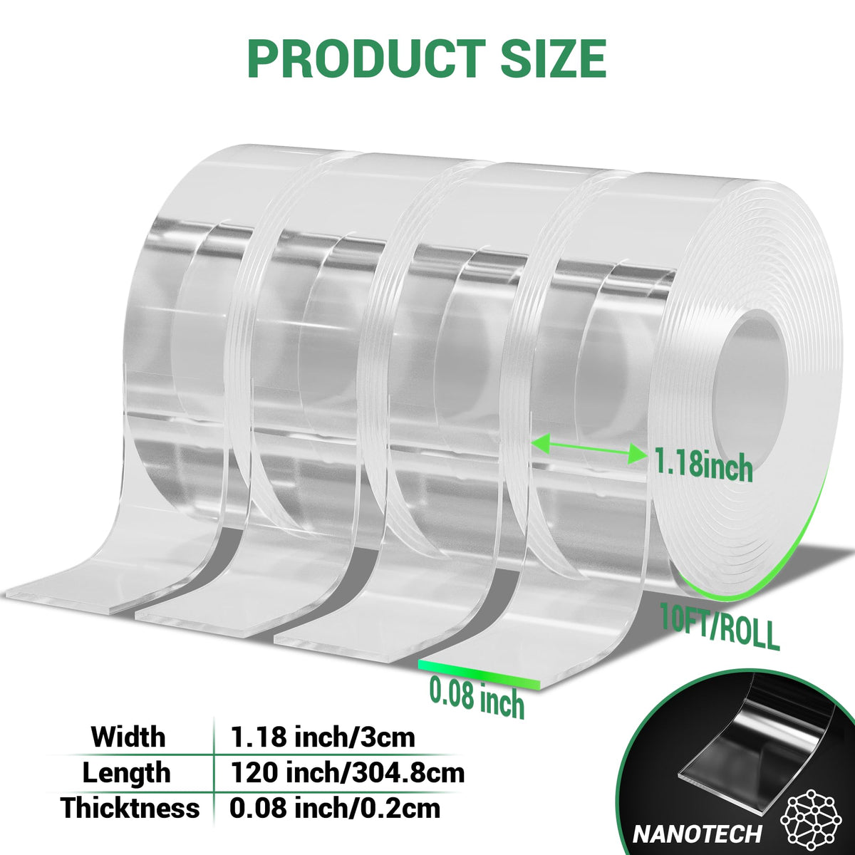 dosun Double Sided Tape Heavy Duty(8 Rolls, Total 80 FT) Sided Nano Tape, Strong Double Sided Tape for Walls, Used for Carpet, Poster, Picture Hanging, Outdoor Multifunctional Mounting Tape