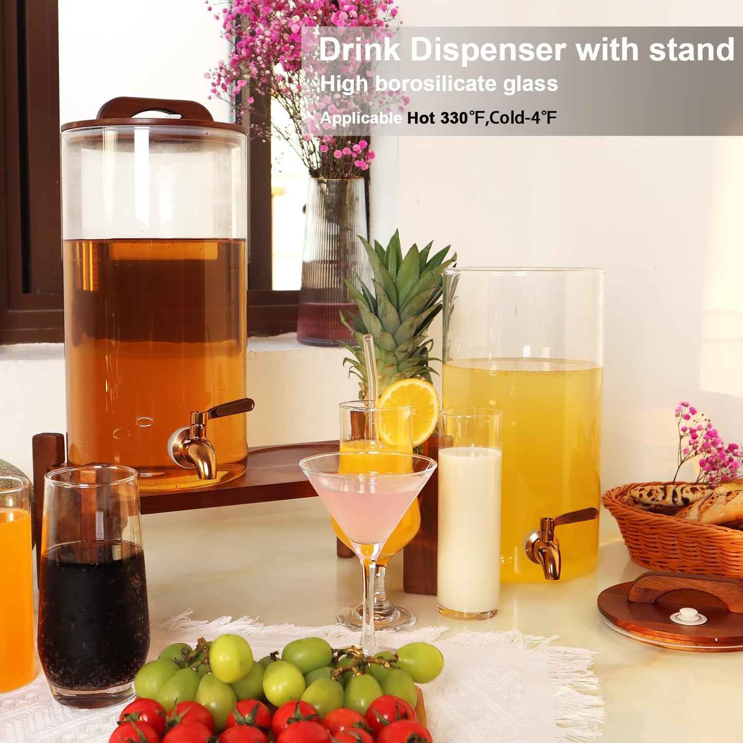 2PCS 1.6 Gallon Drink Dispenser,Glass Water Dispenser with Stand,Beverage Dispenser with Stainless Steel Spigot,Drink Dispensers for Parties,Bars,Restaurants