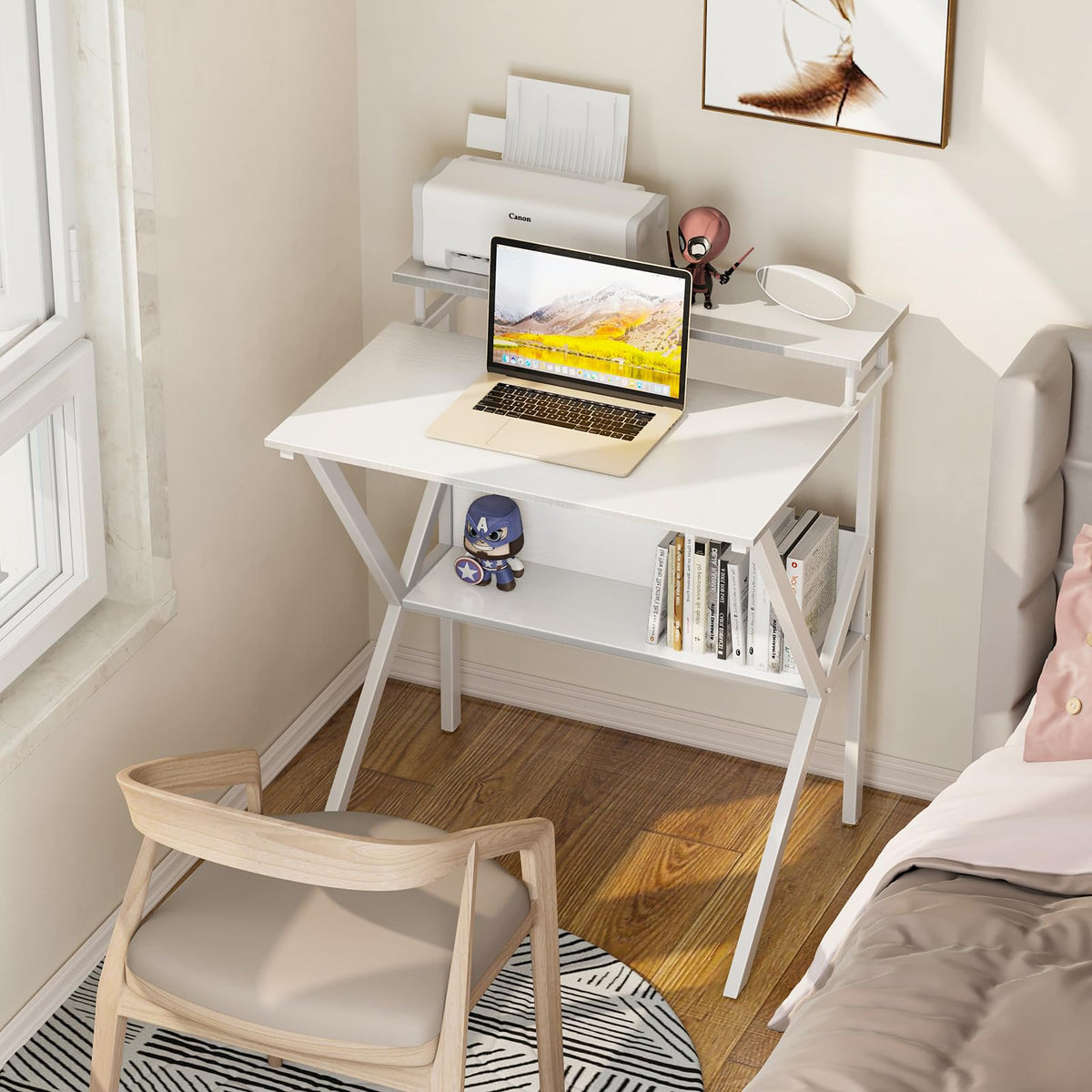 ODK Small Computer Desk, 27.5 inch Desk for Small Spaces with Storage, Compact Table with Monitor & Storage Shelves for Home Office, Modern Style Laptop Desk, Pure White