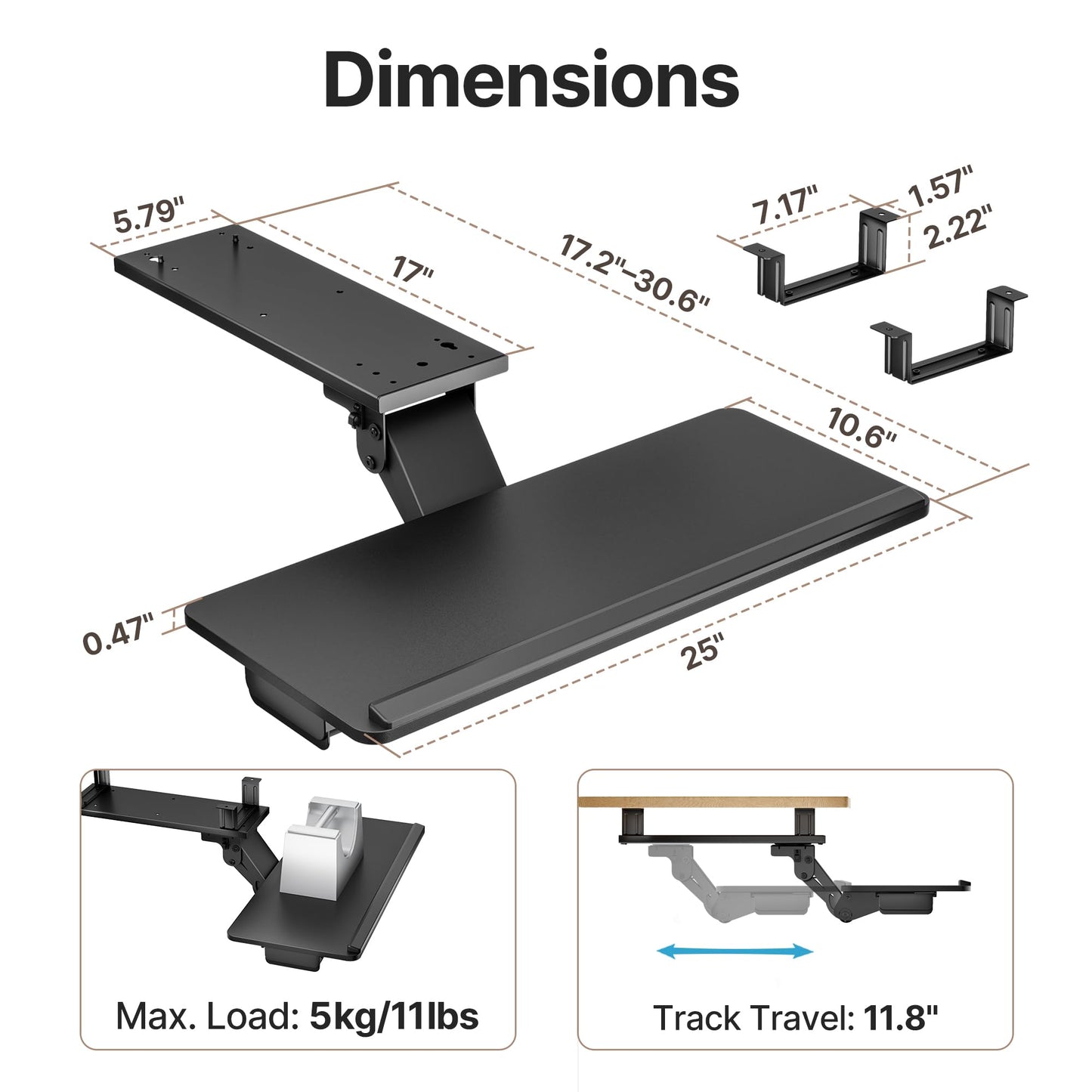PEGZONE Keyboard Tray Under Desk with Storage Drawer, Height Adjustable Keyboard Tray Slide Out Swivel Tilt, Ergonomic Under Desk Mount Keyboard & Mouse Holder for Gaming Home Office, 25x11'', Black