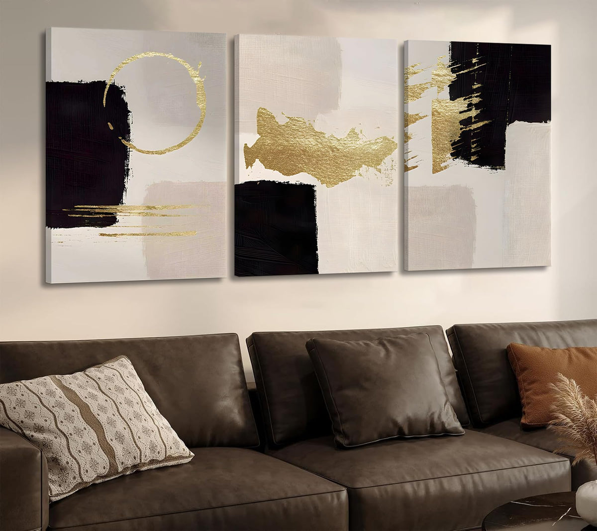 3Pcs Black and White Abstract Canvas Wall Art, Minimalist Black Beige Gold Painting Pictures Wall Decor, Modern Posters Print Artwork, for Living Room Bedroom Office Decoration, 16x24in Framed
