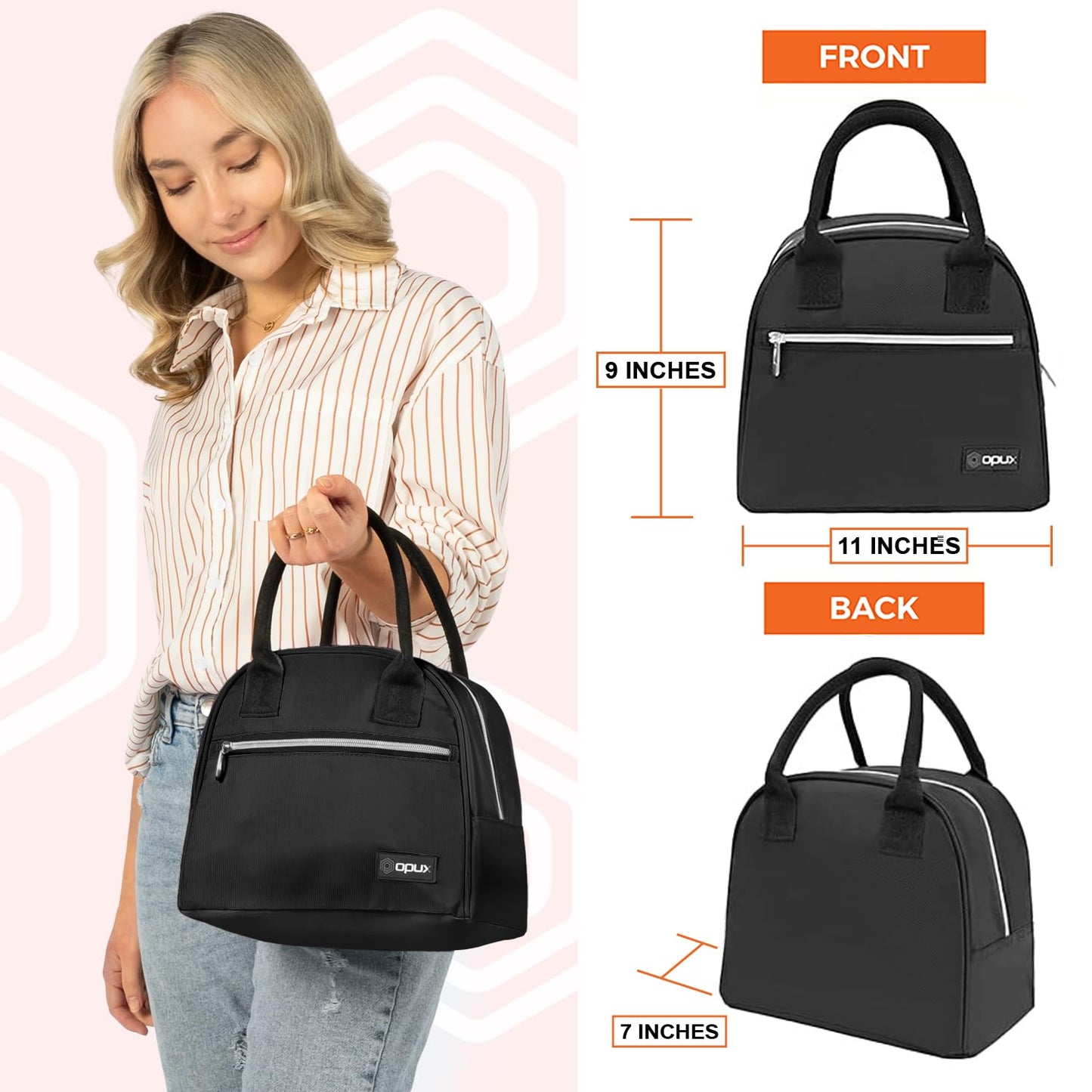 opux Insulated Lunch Box for Women, Reusable Lunch Bag Tote for Work, Girls, School, Soft Cooler Cute Lunchbox Thermal Meal Prep Organizer, Black