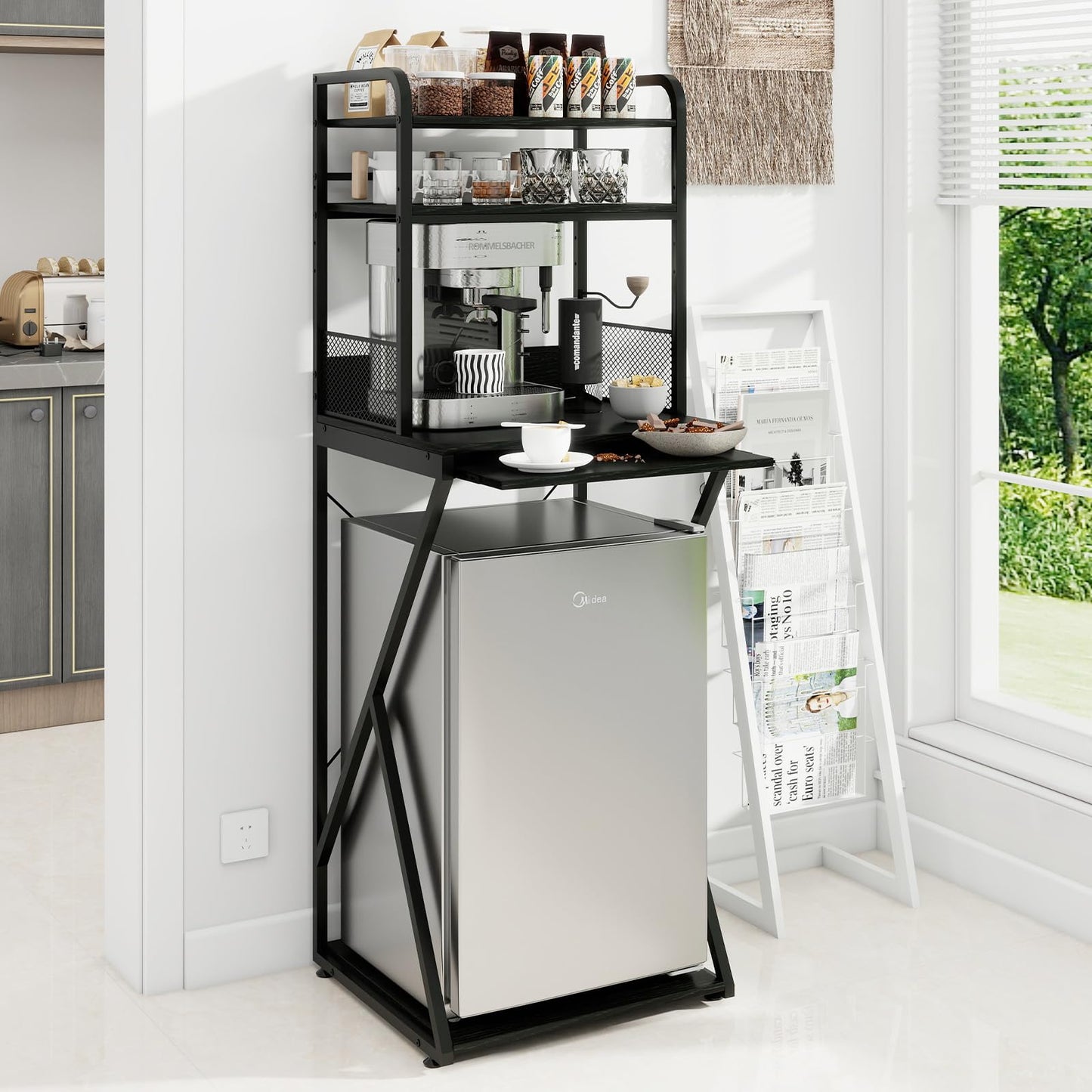 PUNCIA 4-Tier Mini Fridge Stand with Power Outlet & Storage, Coffee Bar Organizer, Refrigerator Cabinet & Microwave Shelf, Bakers Rack for Kitchen, Office, Dorm, Pantry, Apartment (Black)