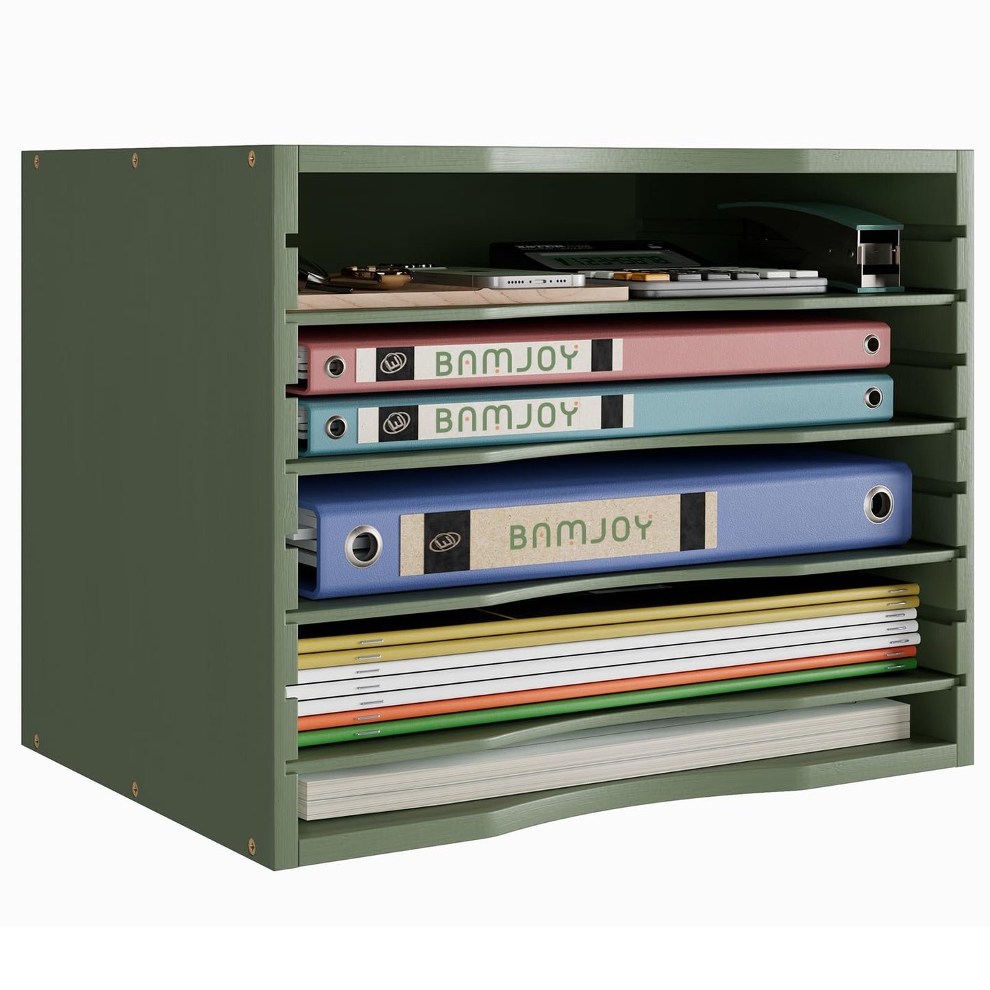 Bamjoy Bamboo 5 Tier Desktop Organizer, Paper Organizer Mail Sorter, File Holder Letter Document Storage with Adjustable Shelves for School Home Office, Forest Green