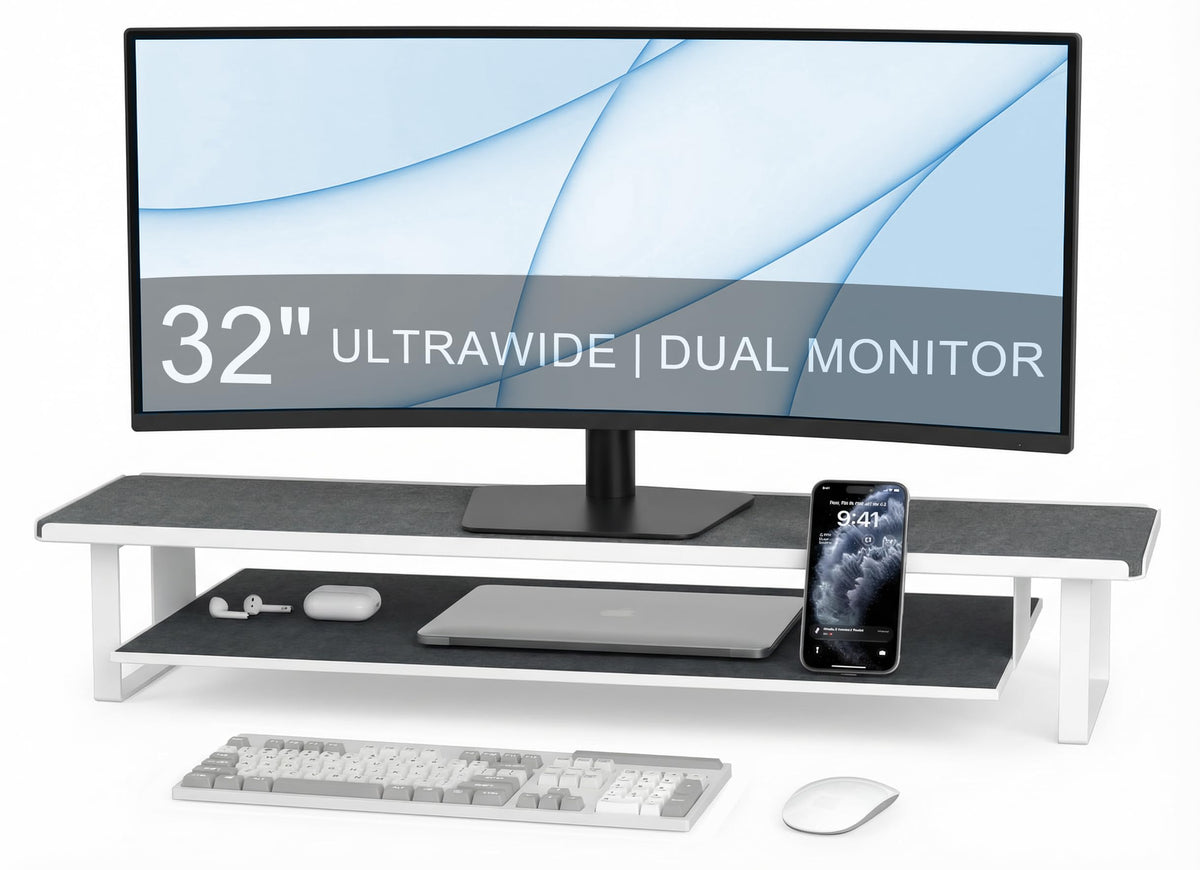 ERGO COLLECT Carbon Steel Dual Monitor Stand Riser, 31.5 Inch Extra Wide & Thick Heavy Duty 2 Tier Desktop Organizer with Pull Out Storage Drawer, Ergonomic Desk Stand for Curved & Gaming Monitors Home Office