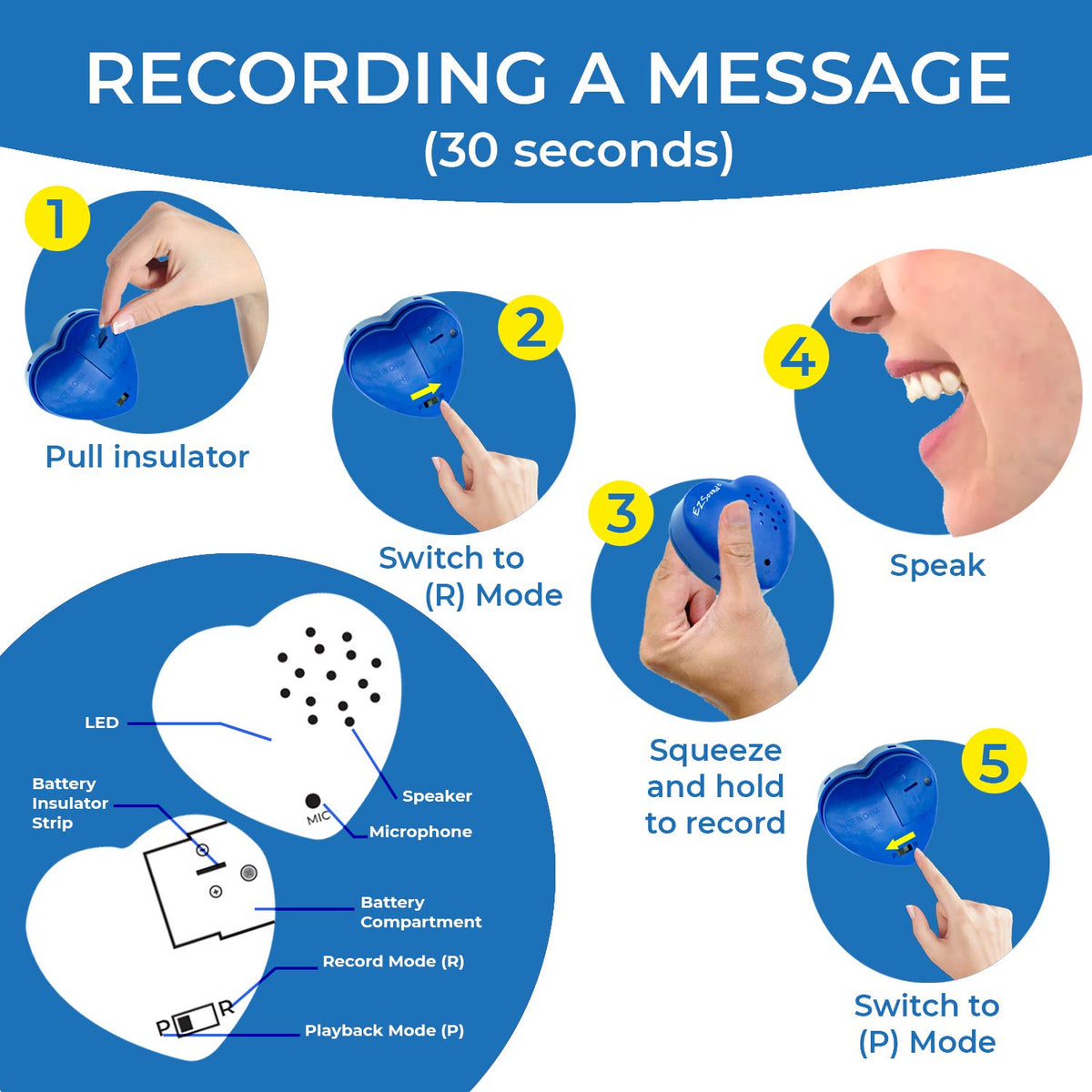 EZSound Voice Recorder for Teddy Bear | 30 sec Voice Box for Stuffed Animal | Personal Recordable Button | Custom Build a Bear Heart for Plush, Gifts, Messages, Kids | Music Sound Module with Speaker