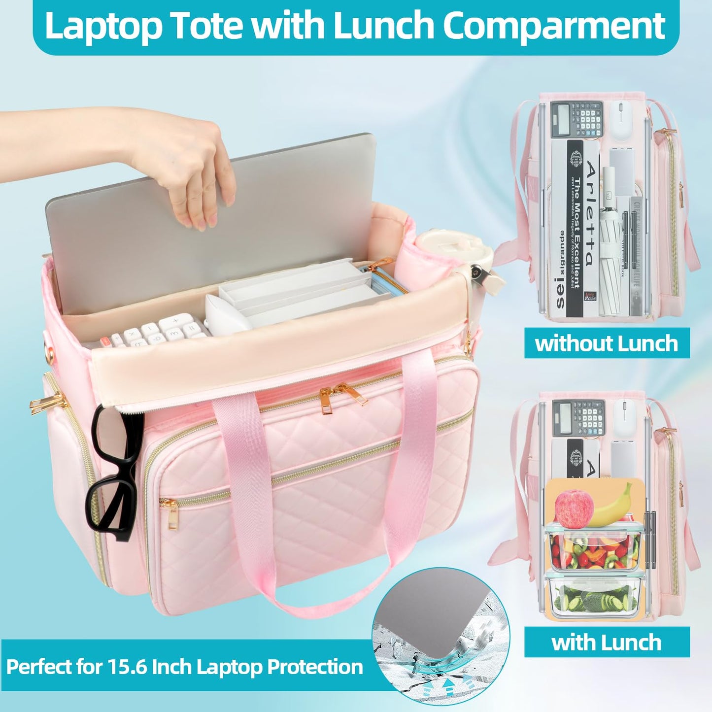 ahzske Lunch Work Tote Bag for Women with Accordion File Organizer Pocket, 3 in 1 Daily Tote Bag with Insulated Lunch Compartment& 15.6 Inch Laptop Compartment for Business Teacher Nurse (Pink)