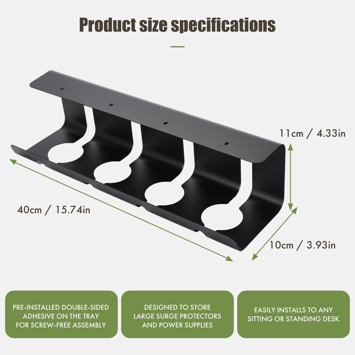 Desktop Metal Cable Management Tray 40x10x11cm - Multipurpose, Movable, No-Assembly Organizer - Modern Minimalist for Office Desks (Black)