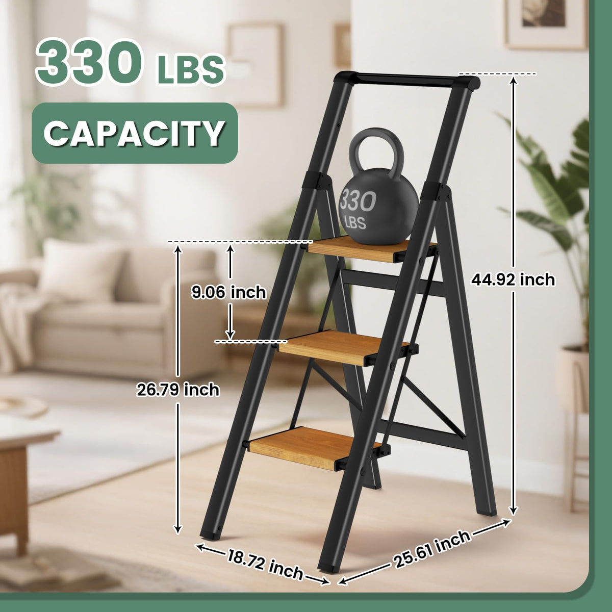 3 Step Ladder Folding Step Stool with Handle, Kitchen Step Stool for Adults, Aluminum Ladders for Home