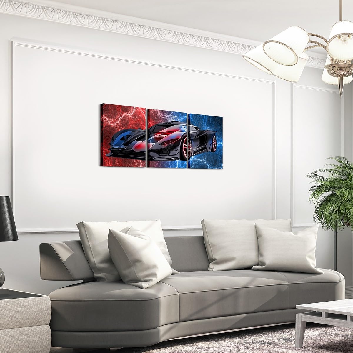 Feelyou Race Car Bathroom Wall Art for Home Decor 12"x16" 3 Piece Red and Blue Speed Sports Car Canvas Wall Art Extreme Sports Office Wall Artwork Posters Lightning Theme Wall Painting