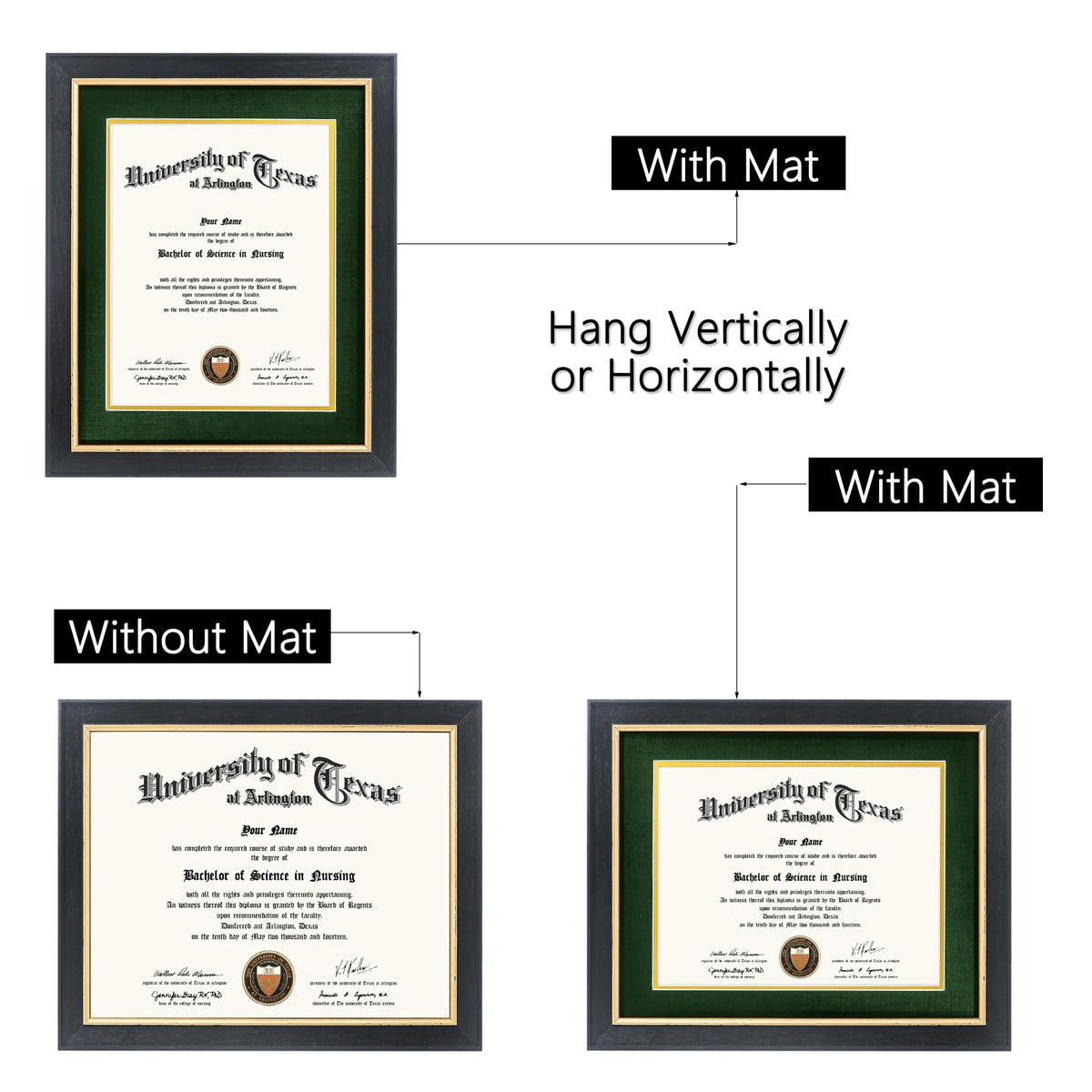 GMFrames 8.5x11 Wood Diploma Frame with Green Mat or Display 11x14 Certificates without Mat,Tempered Glass,Rustic Black Finish with Gold Trim