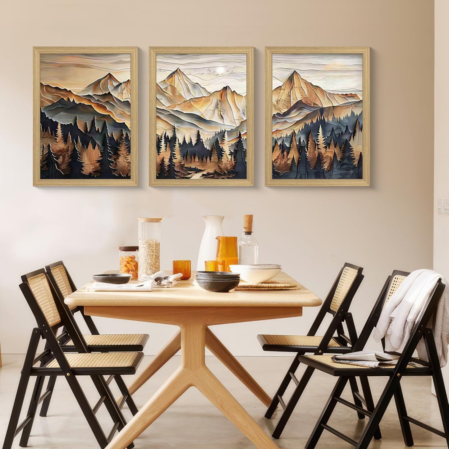 Framed 3D Texture Mountain View Canvas Wall Art Landscape Oil Painting Nature Poster Gallery Relief Technology Artwork Forest Scenery Wall Decor Painting Living Office 16x24inchX3 Ready to Hang
