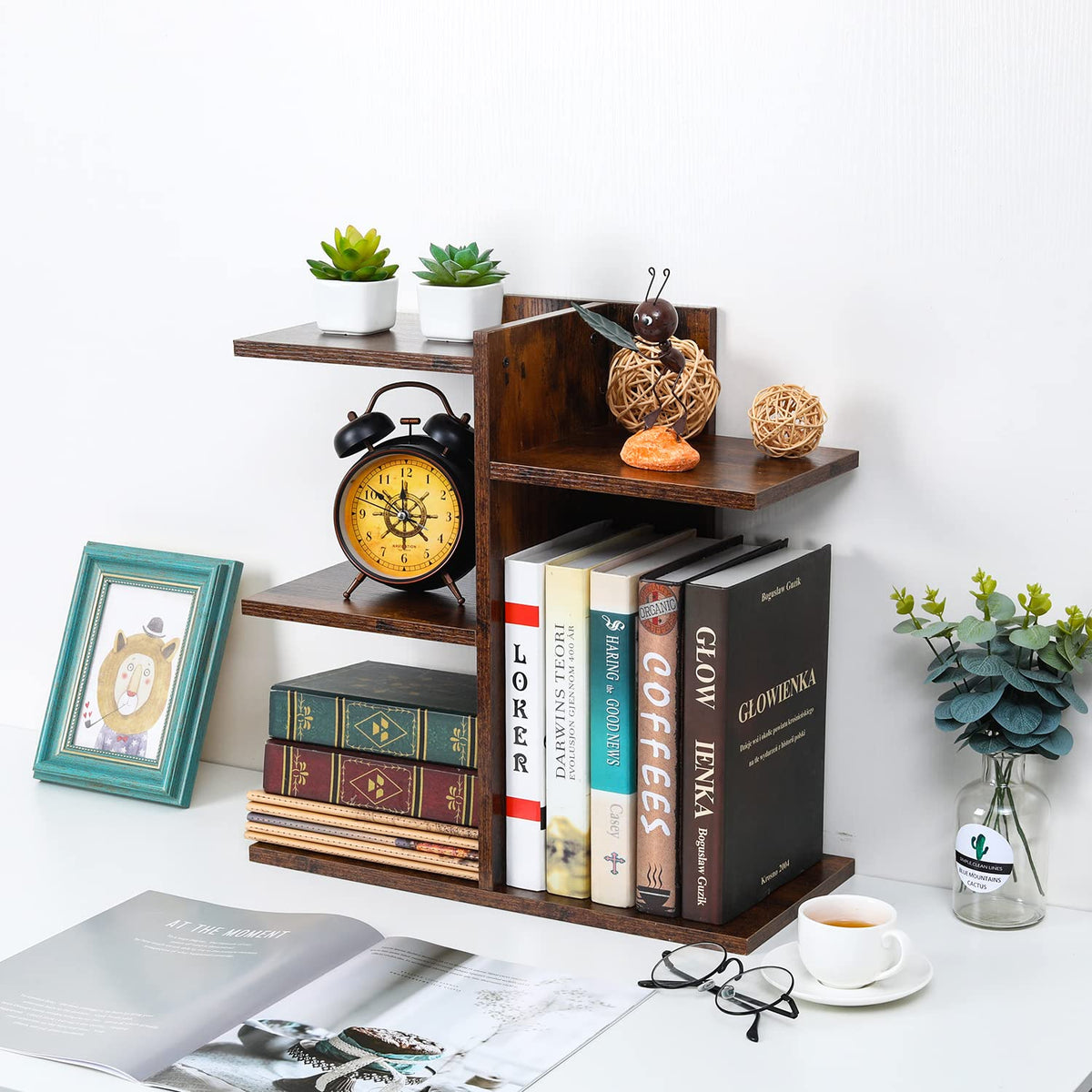 PAG Wood Desktop Shelf Small Bookshelf Desk Supplies Organizers and Accessories Storage Display Rack Office Decor for Women, Antique Brown