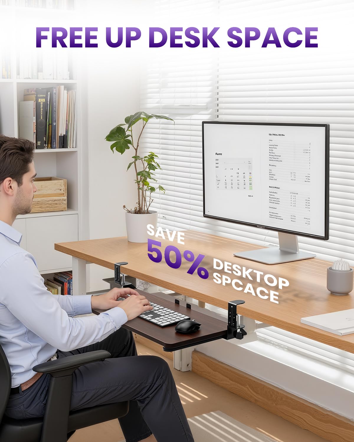 Zontera Ergonomic Keyboard Tray Under Desk, Pull Out with Adjustable C-clamp, 25.6 (31.5 Including Clamps) x 11.8 Inch Slide Out Computer Keyboard Drawer Mouse Tray for Typing, Large & Walnut