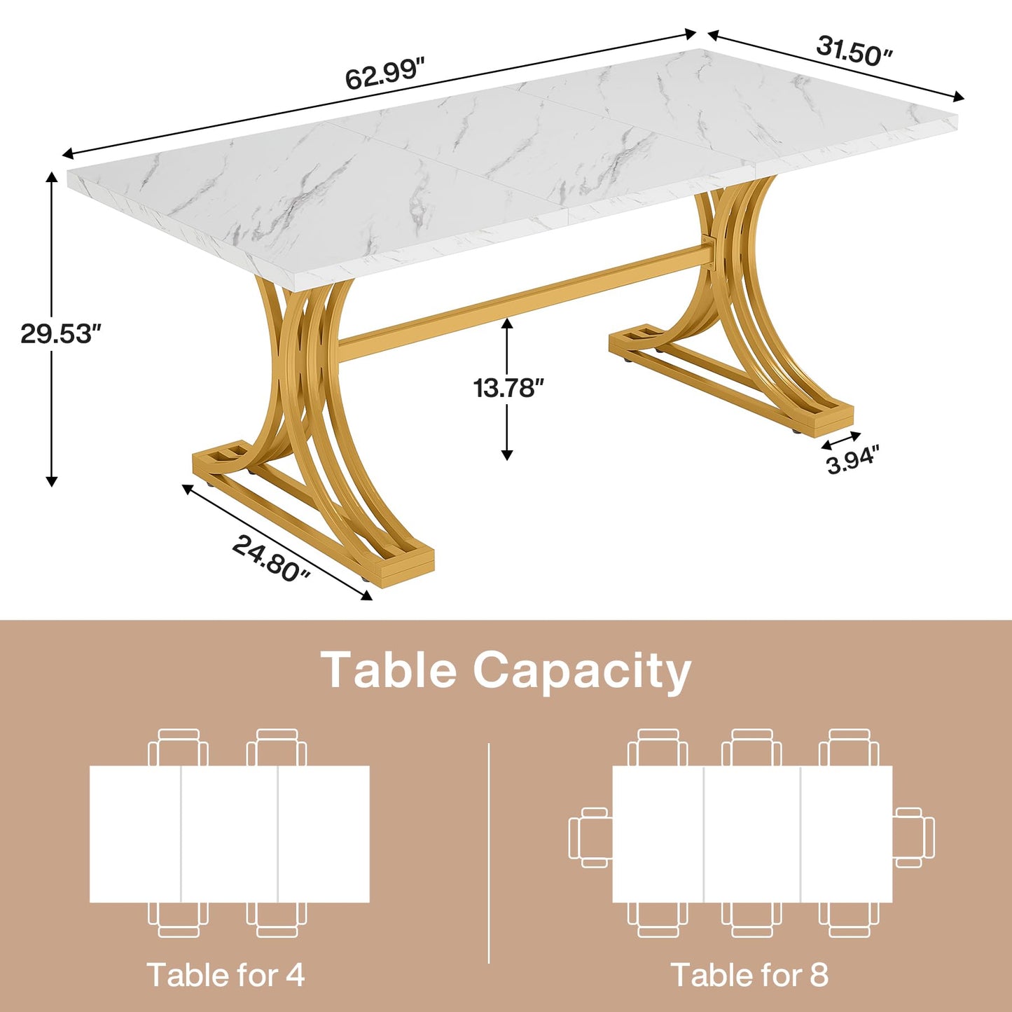 Tribesigns 63-Inch Rectangular Dining Table for 4 to 6, Modern Kitchen Tables with Stylish Metal Trestle Legs, Large Dinner Tables for Dining Room, Only Table (White+Gold)