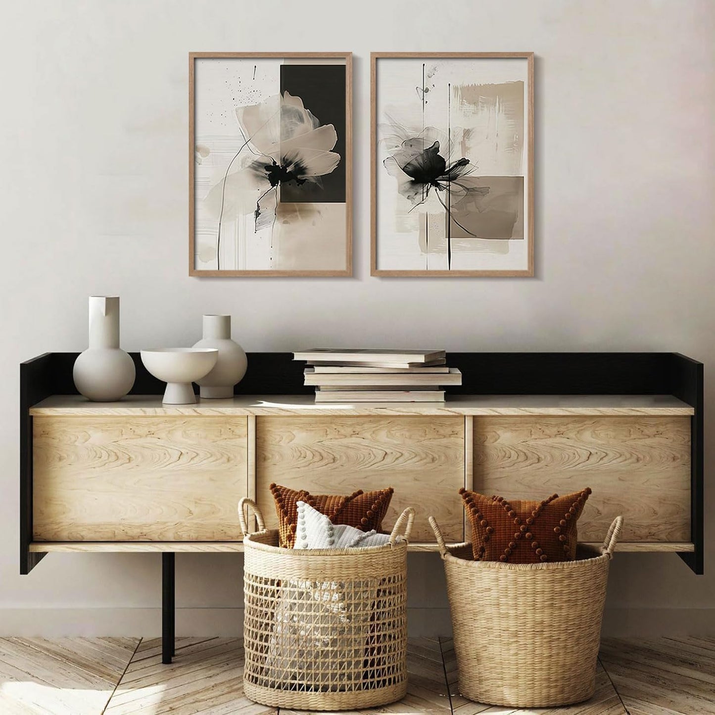 2Pcs Framed Black and White Flower Abstract Wall Art Modern Neutral Canvas Prints Posters Pictures Gallery Wall Decor Living Room Bedroom Office Apartment 12X16 Inch Ready to Hang
