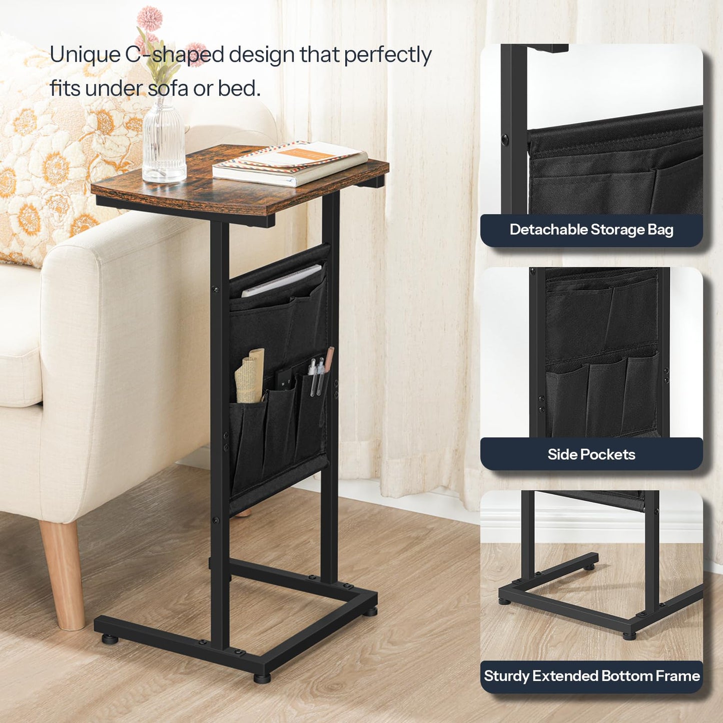 HOOBRO C Shaped End Table, 28.3" Side Table for Small Spaces, Couch Table with Storage Bag, Slide Under Sofa Side Table, for Living Room, Bedroom, Rustic Brown and Black BF40SF01