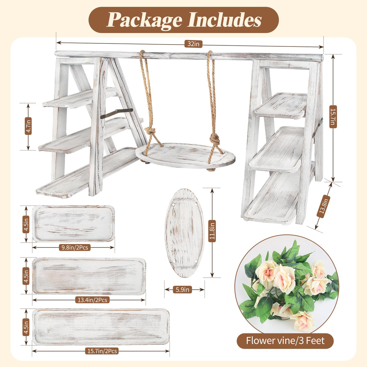 Wisreach Wooden 3 Tier Cupcake Stand with Swing and Flower Decoration Serving Removable Tray Display Serving Ladder Foldable Stand with Serving Platter Tray Party Food Display Set for Cake Snack Fruit Chips Bread Centerpieces Catering