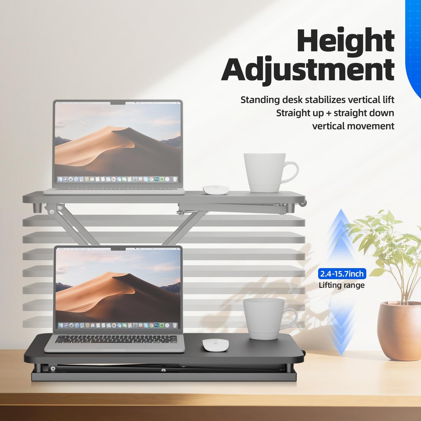 Hoodutric Standing Desk Converter Height Adjustable, Sit to Stand up Desk Riser Computer Workstation use in Laptop and Single Monitor Ergonomic Desktop Workstation for Home Office - Black