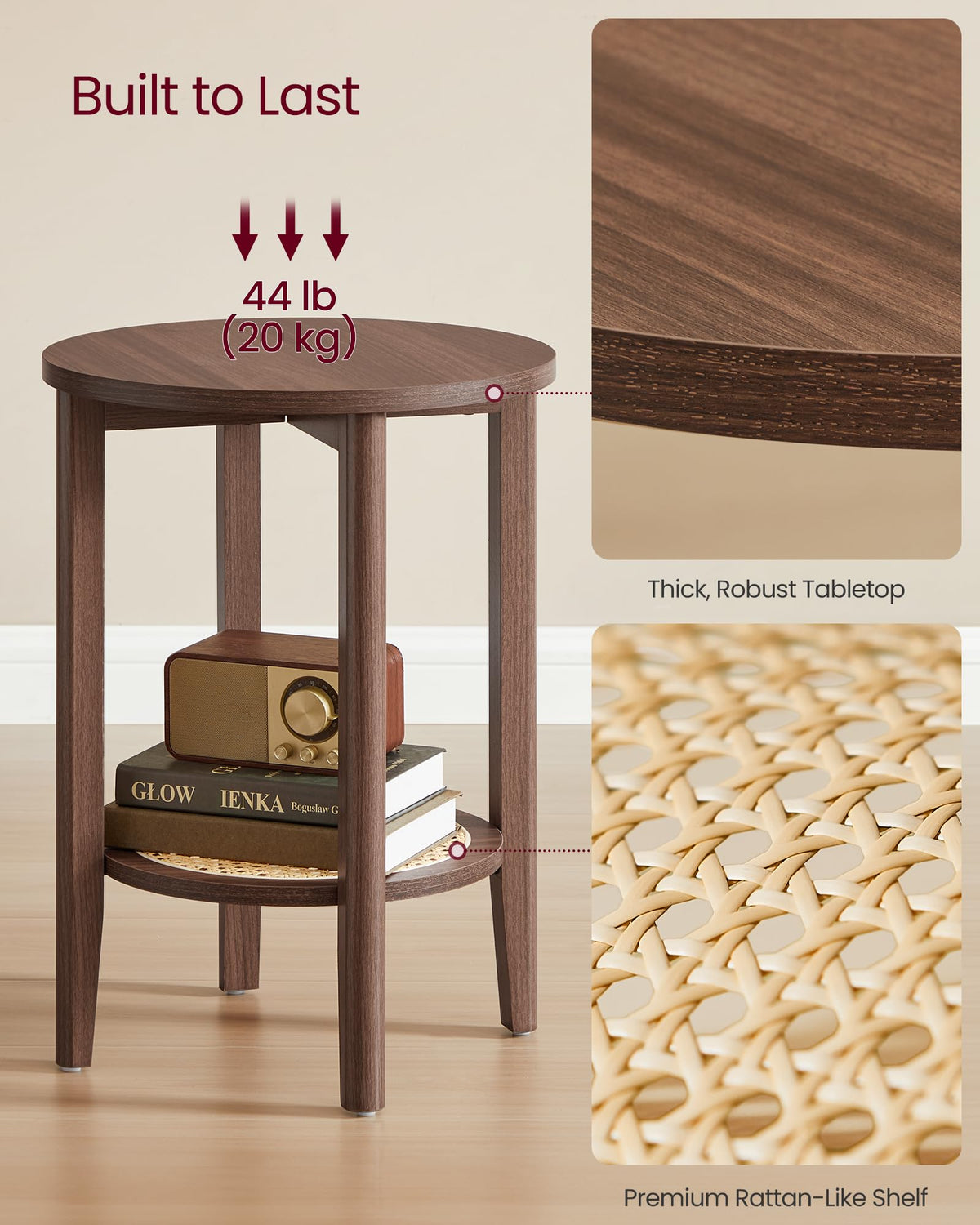 VASAGLE Round Side End Table, 2-Tier Boho Bedside Table with Rattan-Look Storage Shelf, Nightstand for Small Spaces, for Living Room, Bedroom, Home Office, Black Walnut ULET296K01