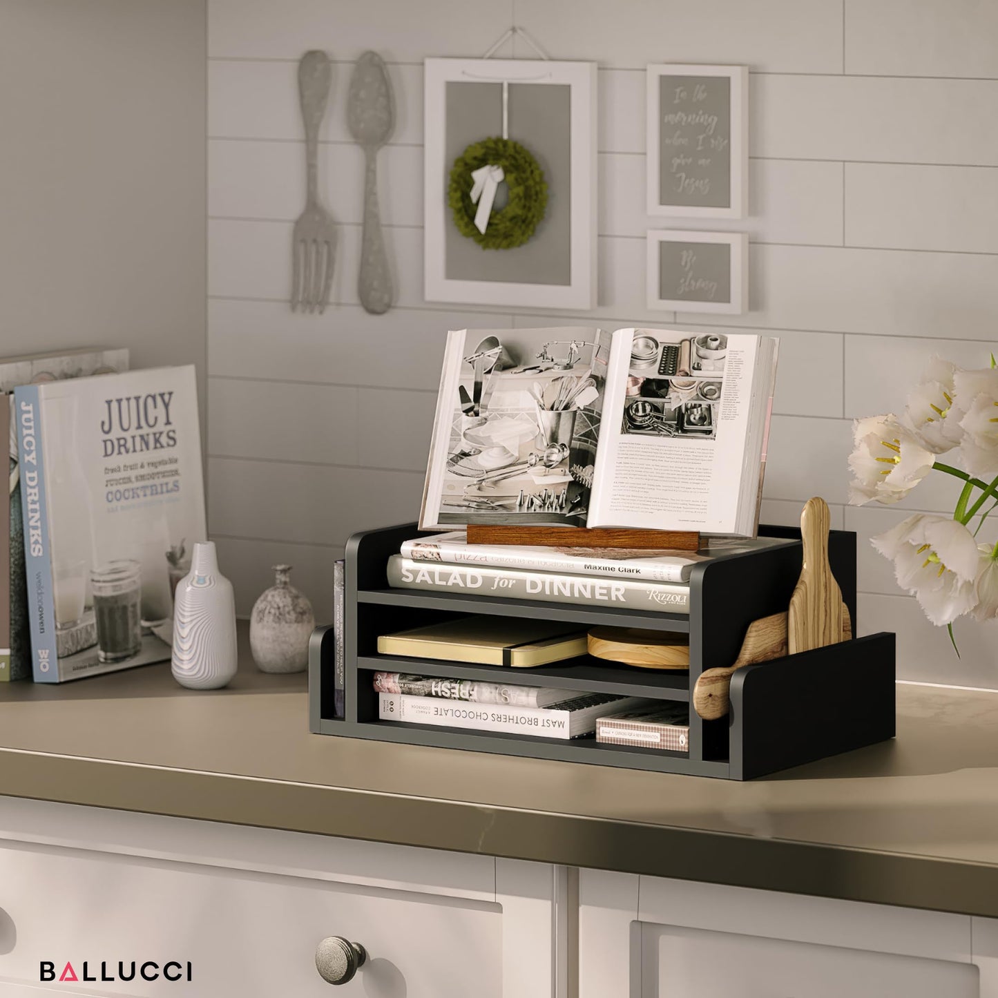 Ballucci 3-Tier Desk Organizer with 2 Side Mail Sorter Slots, Wood Letter Tray, Open Top Paper Organizer, Desktop File Organizer, Black