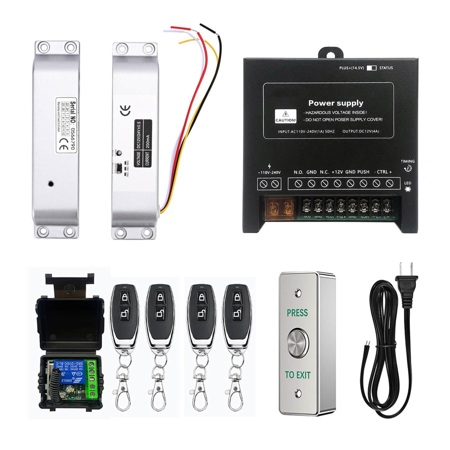 Electric Drop Bolt Lock with 4 Remote Controls Fail Safe Door Access Control Kit with Power Supply and Exit Button Easy DIY Install for Home/Office Security