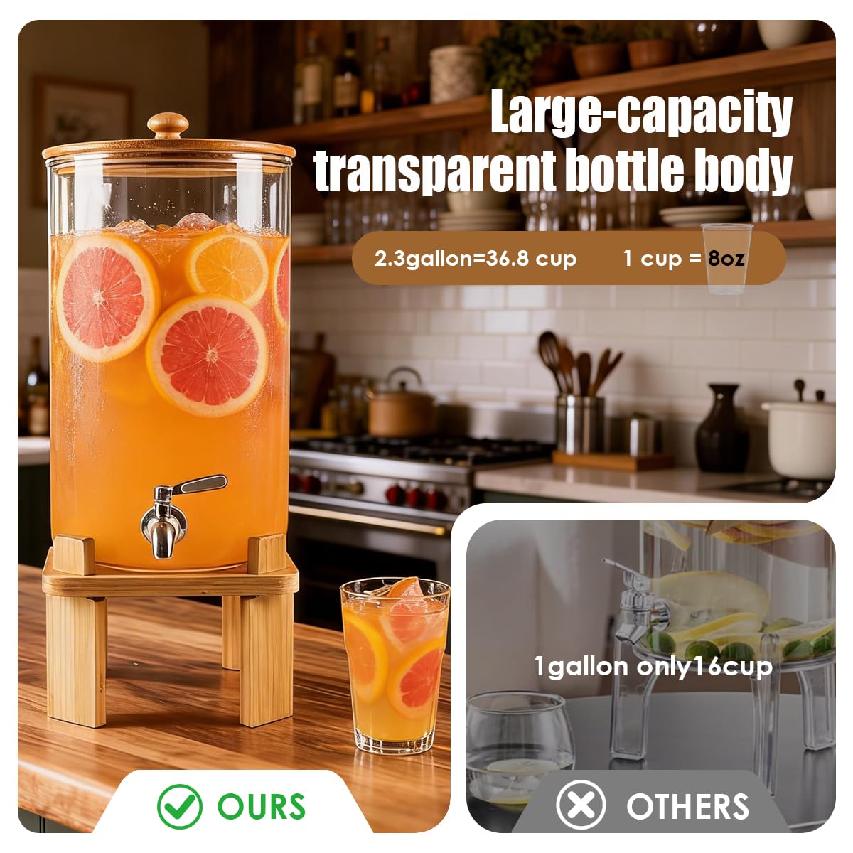 2.3 Gallon Large Glass Drink Dispenser for Parties, Glass Beverage Dispenser with Wood Stand, Juice & Lemonade Dispenser, Iced Beverage Dispenser with Spigot, Water Dispenser for Party with lid