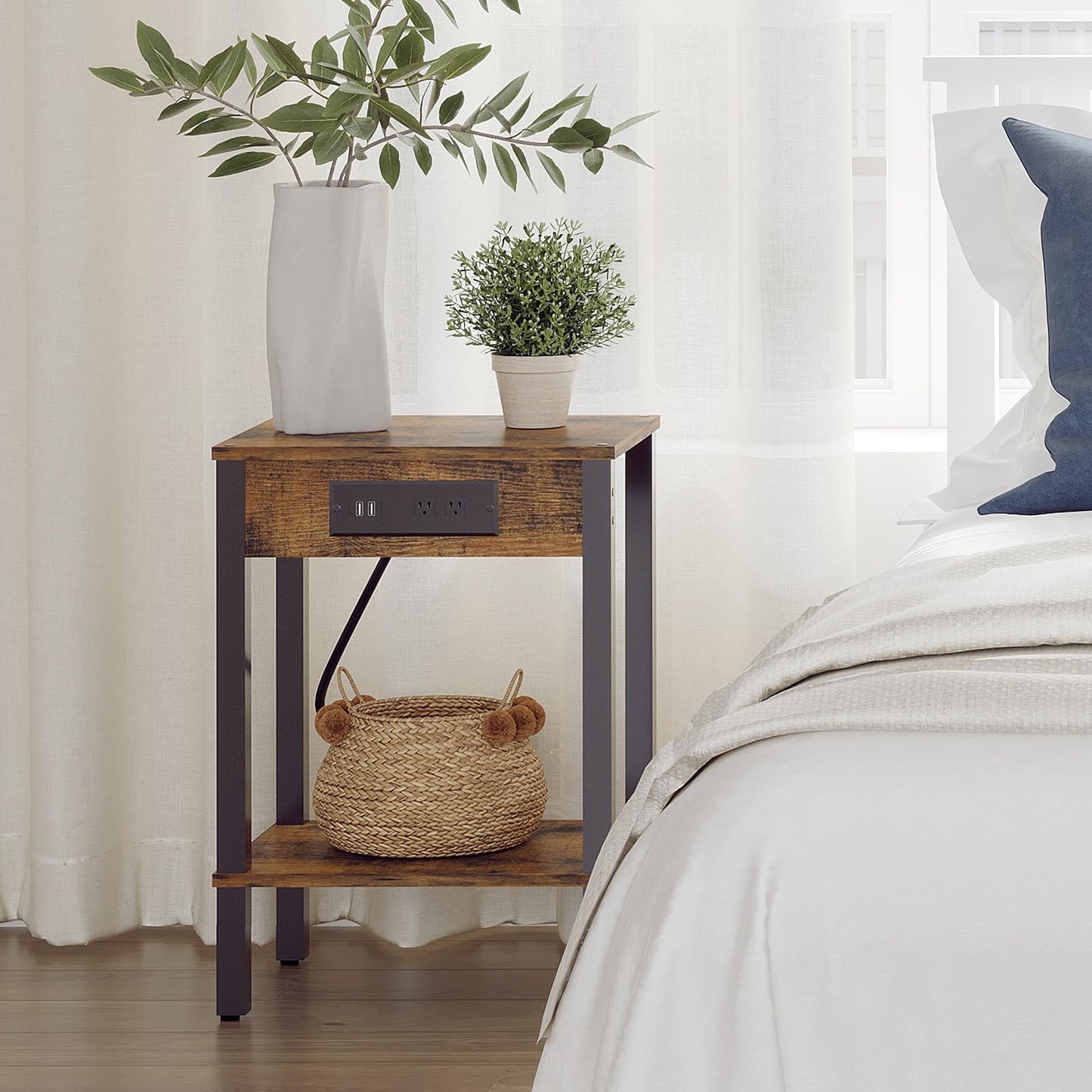 End Table with Charging Station, 2-Tier Nightstand with Storage Shelf,Modern Side Table,Bedside Table for Small Space in Living Room, Bedroom, Sofa Couch and Balcony, Rustic Brown MLBZ14RE