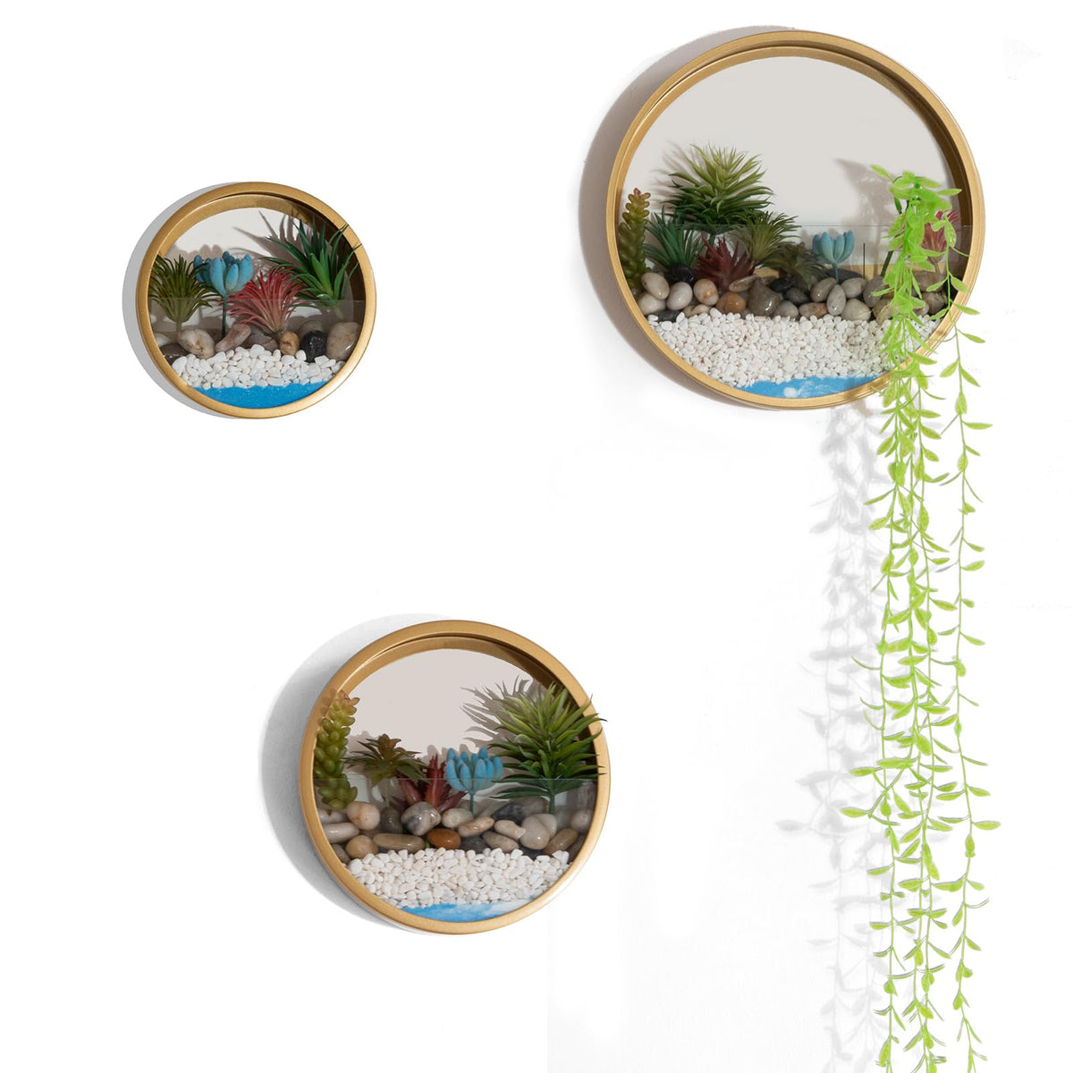 VEVLU Gold Metal Wall Planter Set of 3, Indoor Metal Hanging Planter with 10Pcs Artificial Succulents Wall Decor Round Succulent Planters Air Plant Pots Container for Cactus Home Office Decor