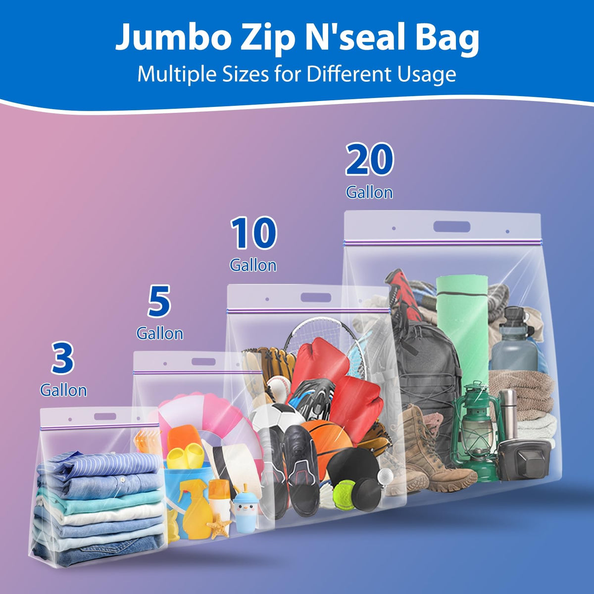 Xsourcer 5 Gallon Zipper Bags with Handle and Bottom, Pack of 12, Heavy Duty Clear Handy Plastic Storage Bag, 18"x24" Reusable Large Zip Storage Bag for Sports, Travel, Moving and Clothes, 3-Mil Thick