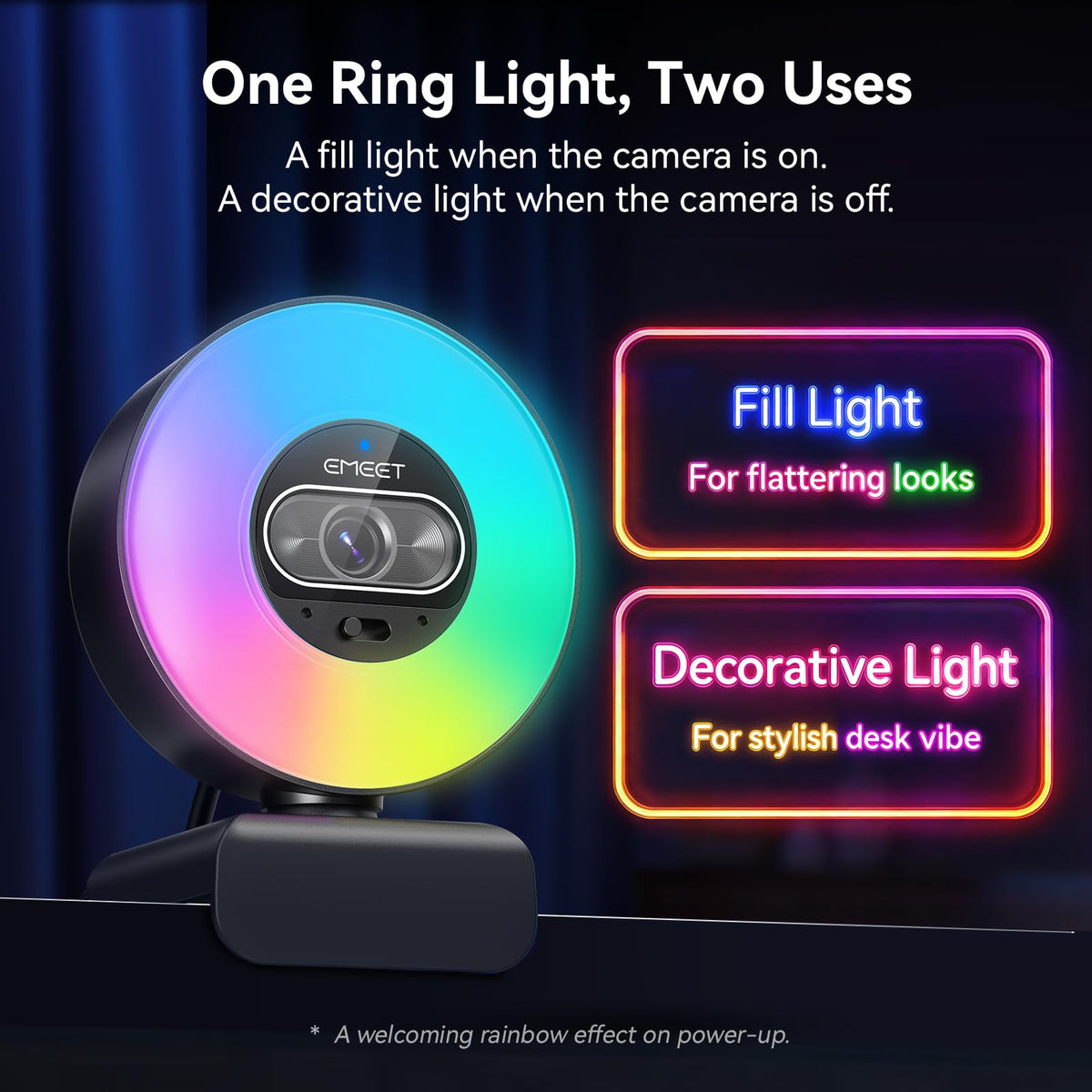 EMEET S600L 4K Webcam for Streaming with Ring Light, 4 Lighting Modes, Rainbow Effect, 1/2" Sensor, AI Imaging, 0.2S PDAF, 2 Mics, Dial Control, 4K Webcam with Light for OBS/Twitch/YouTube/Zoom/PC/Mac