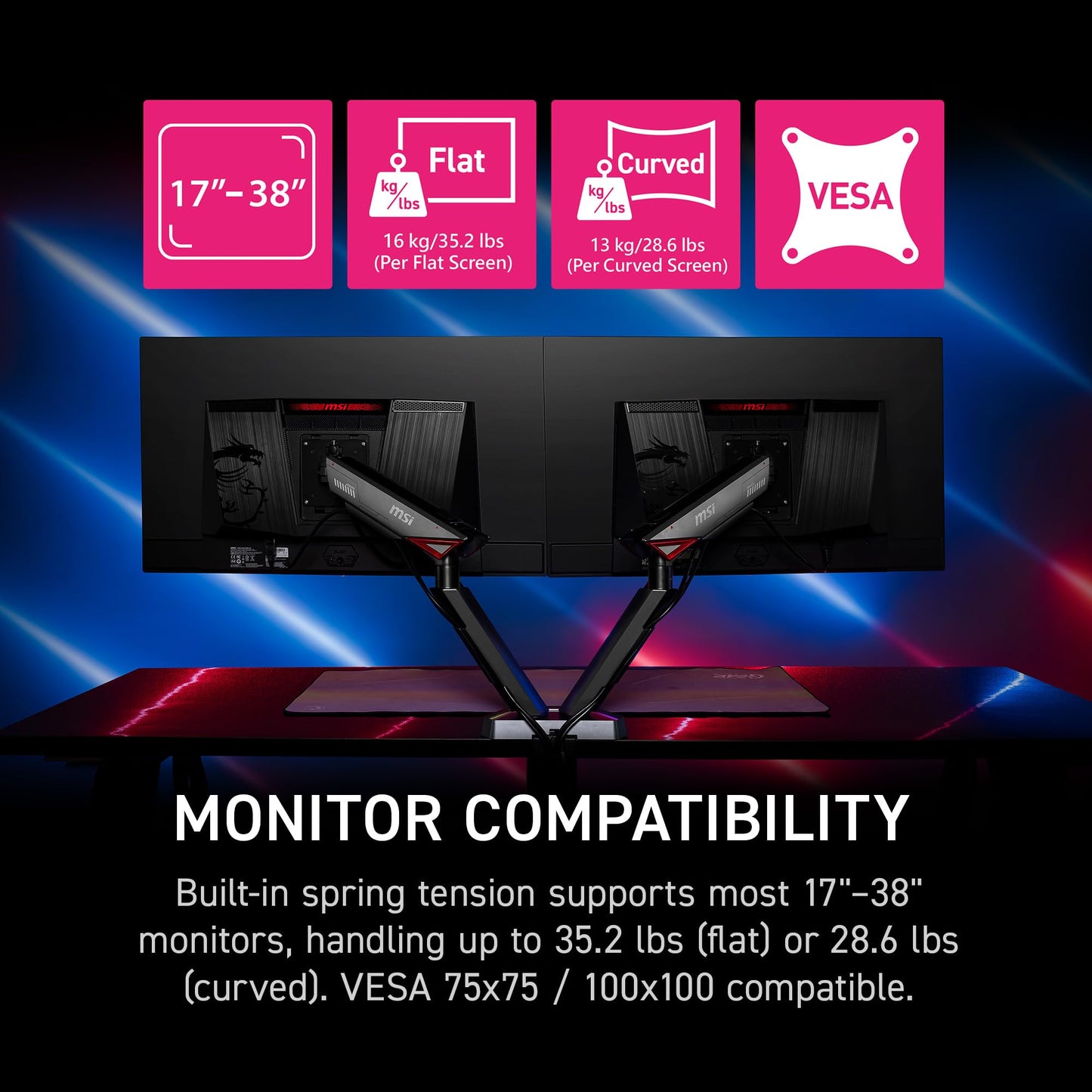 MSI MPG MT161DR - Premium RGB Dual Monitor Stand Arms, 17-38" Support, VESA Compatible, Adjustable Spring Assisted Mount, 35.2 lbs per Screen Capacity, Clamp & Grommet, Quick Release Plate - Black