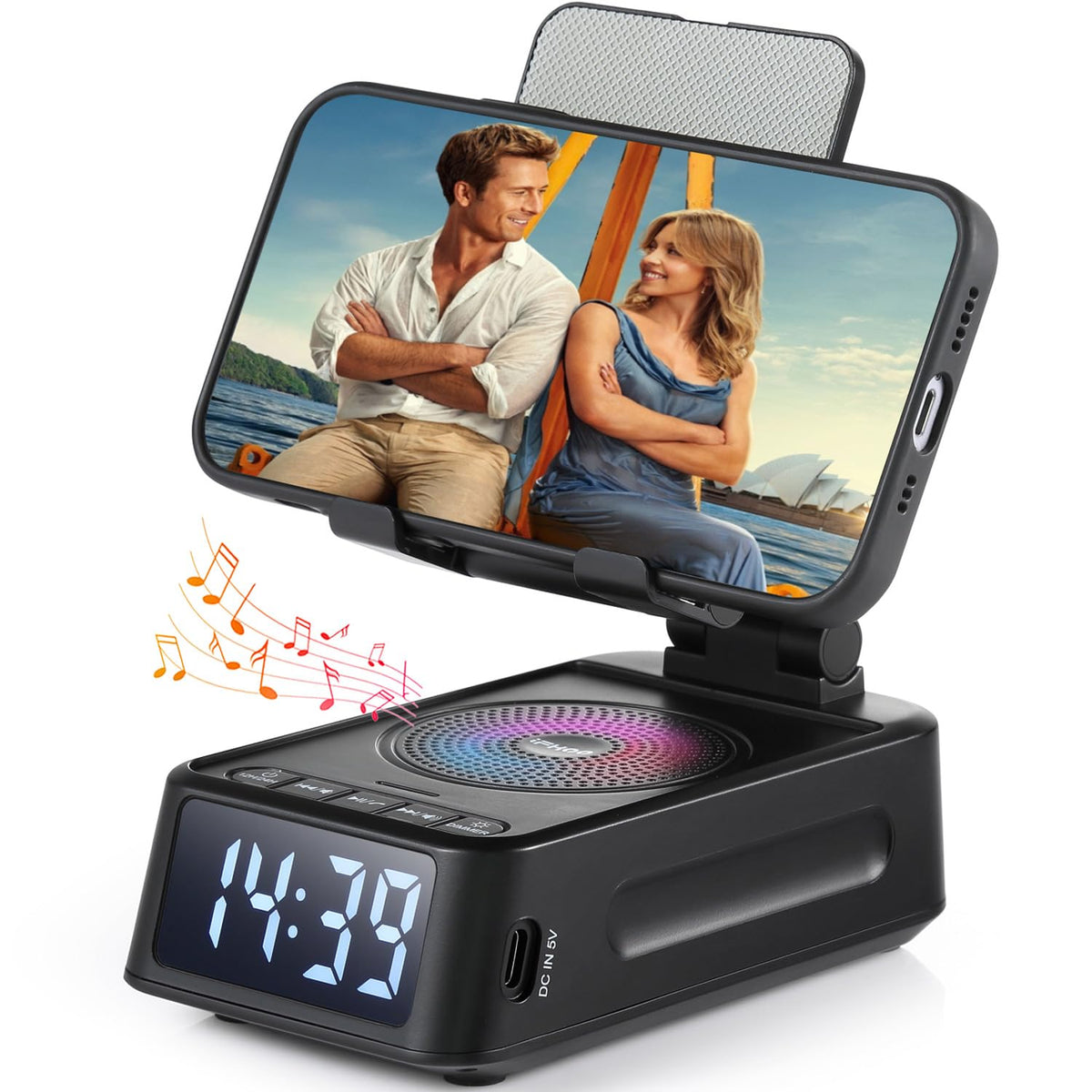 Gifts for Men Women, Phone Stand with Bluetooth Speaker&Clock, Birthday Gifts for Him, Phone Holder with Wireless Speaker, Ideal for Dad Mom Husband Boy, Cool Tech Gadget for Men