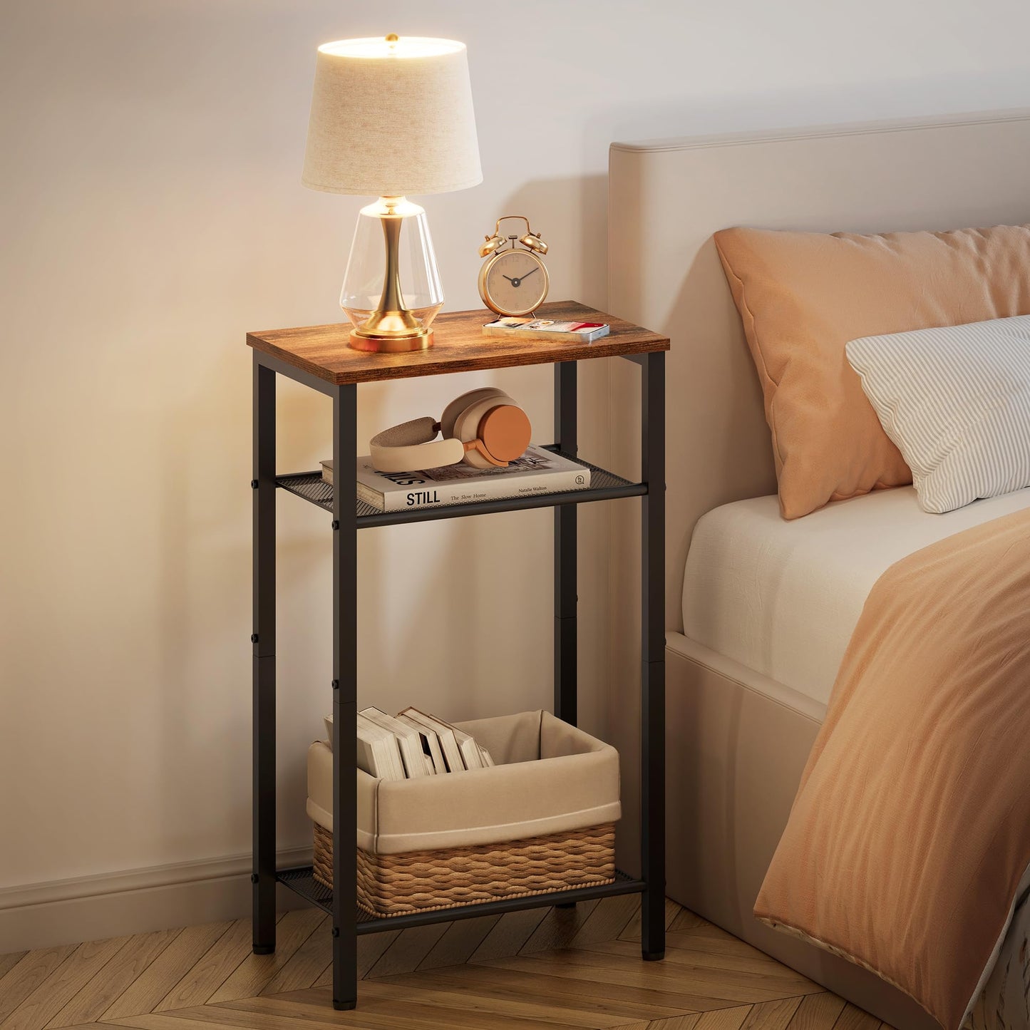 Hoctieon 2-Set 3 Tier End Table, Telephone Table Set of 2, Tall Side Table with Storage Set of 2, Small Nightstand for Small Spaces, Metal Frame, for Living Room, Bedroom, Sofa Couch, Rustic Brown