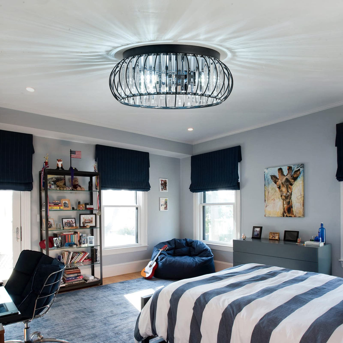YYJLX 3 Light Flush Mount Ceiling Light Fixtures Modern Crystal Chandelier Black E26 Indoor Lighting for Hallway Bedroom Bathroom Foyer Living Room Dining Room Kitchen.