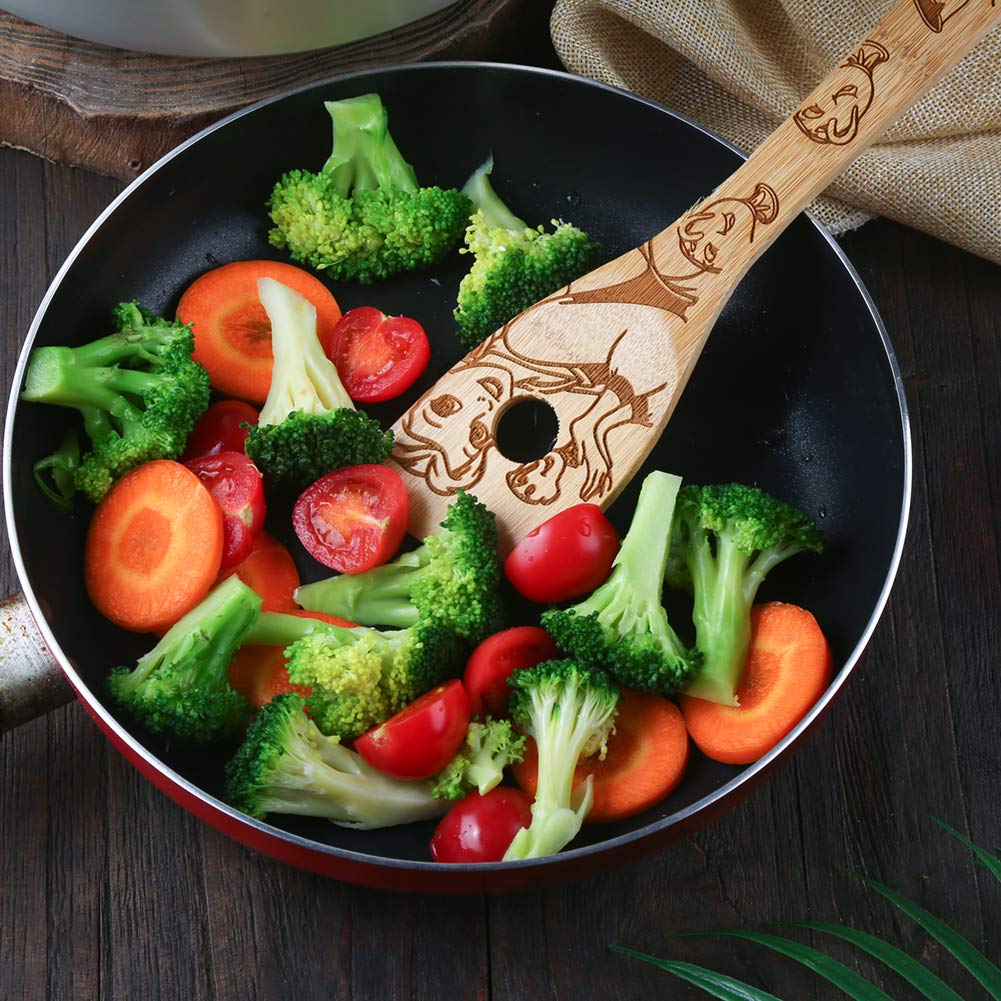Beauty and the Beast Burned Wooden Spoons Cooking &Serving Utensils Set Bamboo Spoon Slotted Kitchen Utensil Fun Gift Idea Warming Present (Set of 5)