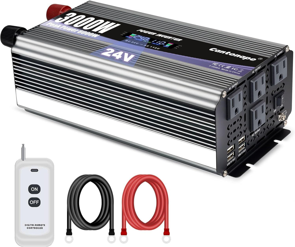 Cantonape 3000W Power Inverter 24V to 110V/120V DC to AC with LCD Display, Remote Controller and 4 x AC Outlets Car Adapter for Car Truck Boat RV Off Grid Solar System
