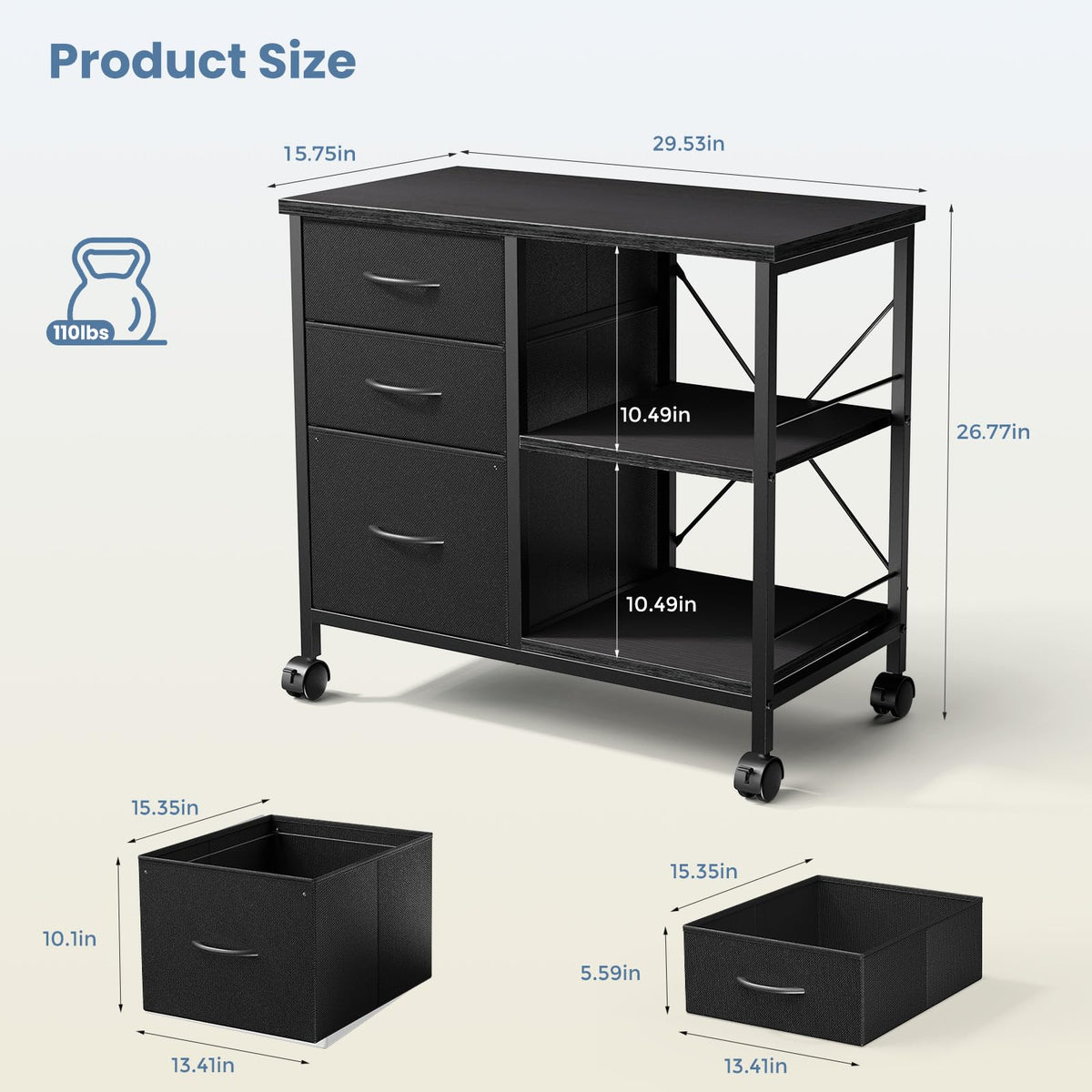 DUMOS 3-Tier Mobile File Cabinet, Printer Stand with Storage, Office Table with Drawers and Back Support Bar, Holds 110lb for Home Office, Rustic Black