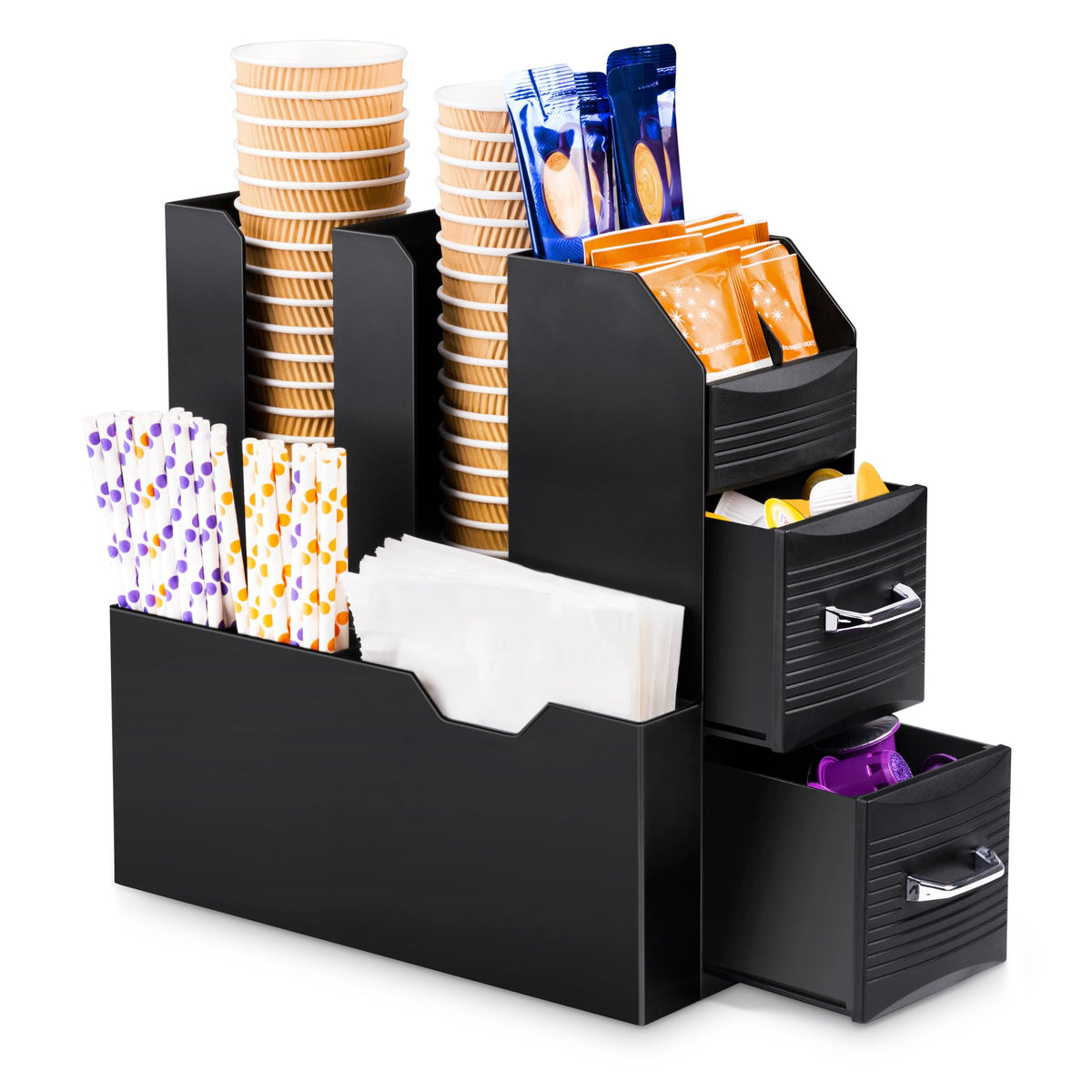 SZQINJI Coffee Condiment Organizer 11-Compartment Breakroom Coffee Station Organizer Countertop Cup Storage with 2 Drawers Black