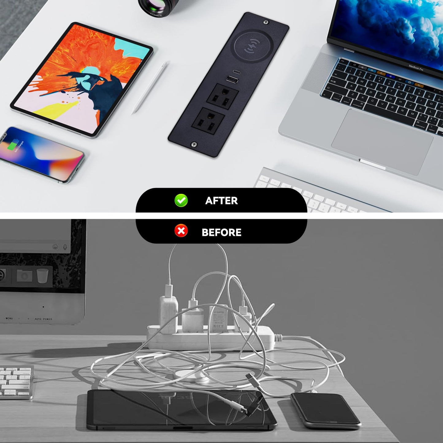 Recessed Power Strip with 15W Wireless Charger,Furniture Recessed Outlet with USB C Fast Charging,Desktop Charging Station & 2 Outlets,2 USB Ports Table Power Strip for Furniture, Home, Office.