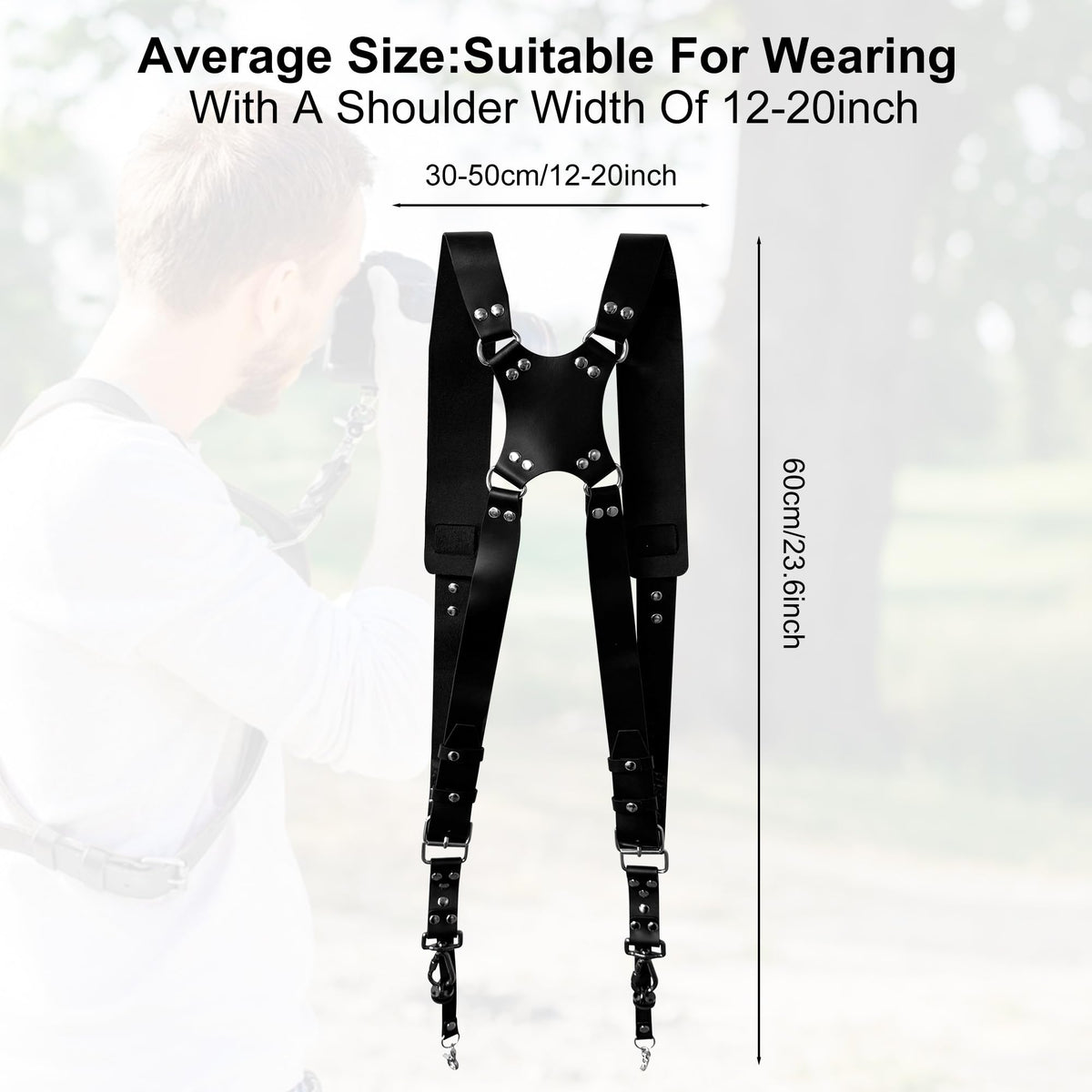 Yunzuiyue Double Camera Strap, Shoulder Camera Strap Harness Leather Dual Camera Strap for Two DSLR/SLR Cameras, Adjustable (Black