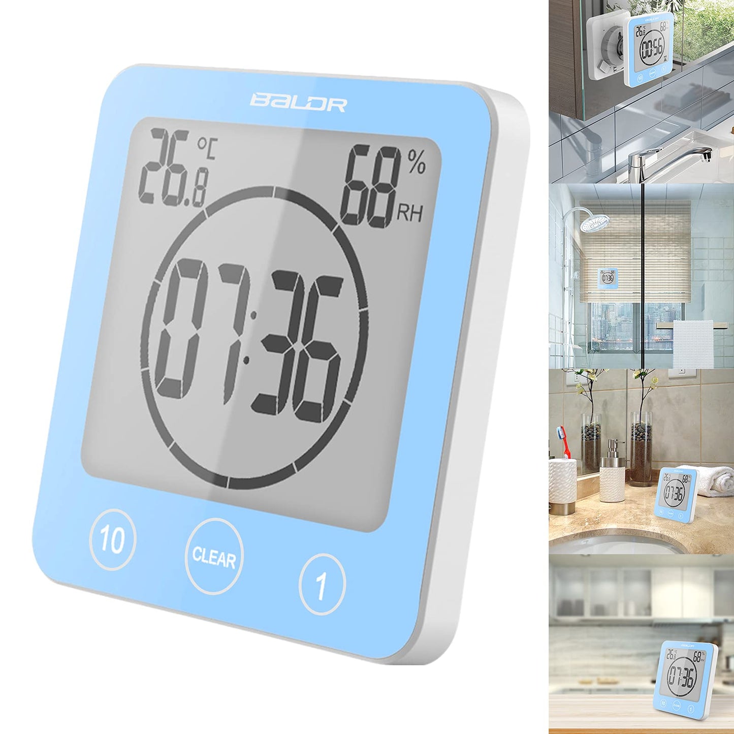 Digital Bathroom Shower Wall Clock Timer, LCD Digital Wall Clock with Suction Waterproof Temperature Humidity Gauge, Touch Screen Timer, Large Countdown Visual Timer Hanging Wall Clock