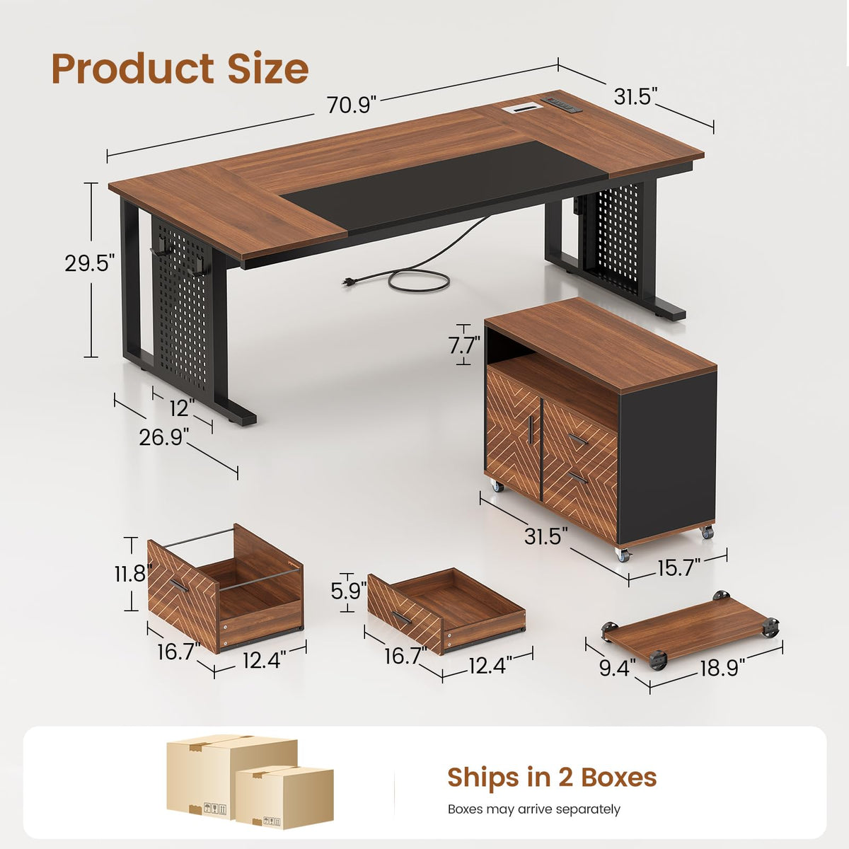 SEDETA 71" Executive Desk with Rolling File Cabinet, Large Office Desk with Drawers, L Shaped Computer Desk with Power Outlets, CPU Stand, Pegboard and Storage Shelves, Brown