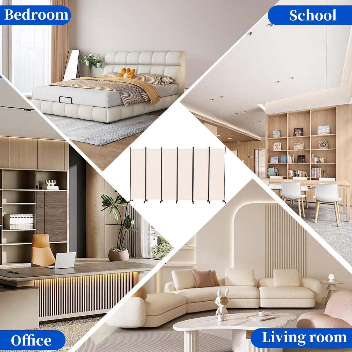 Room Divider 6FT Room Partition with Lockable Wheels, (Thicked Metal Base) Room Dividers, Freestanding Indoor Folding Privacy Screens, Portable Fabric Wall Divider for (Beige, 132"- 6 Panel)