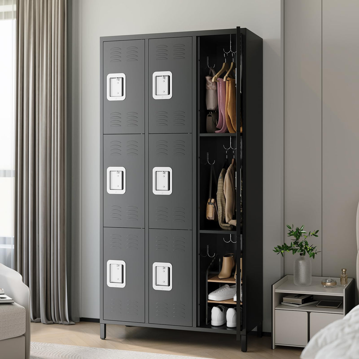 9 Door Locker Cabinet, Metal Lockers for Employees, Lockers Cabinet with 27 Hooks, Industrial Locking Cabinets with Ventilation Holes for Office, School, Gym, Warehouse, Easy Assembly, Black