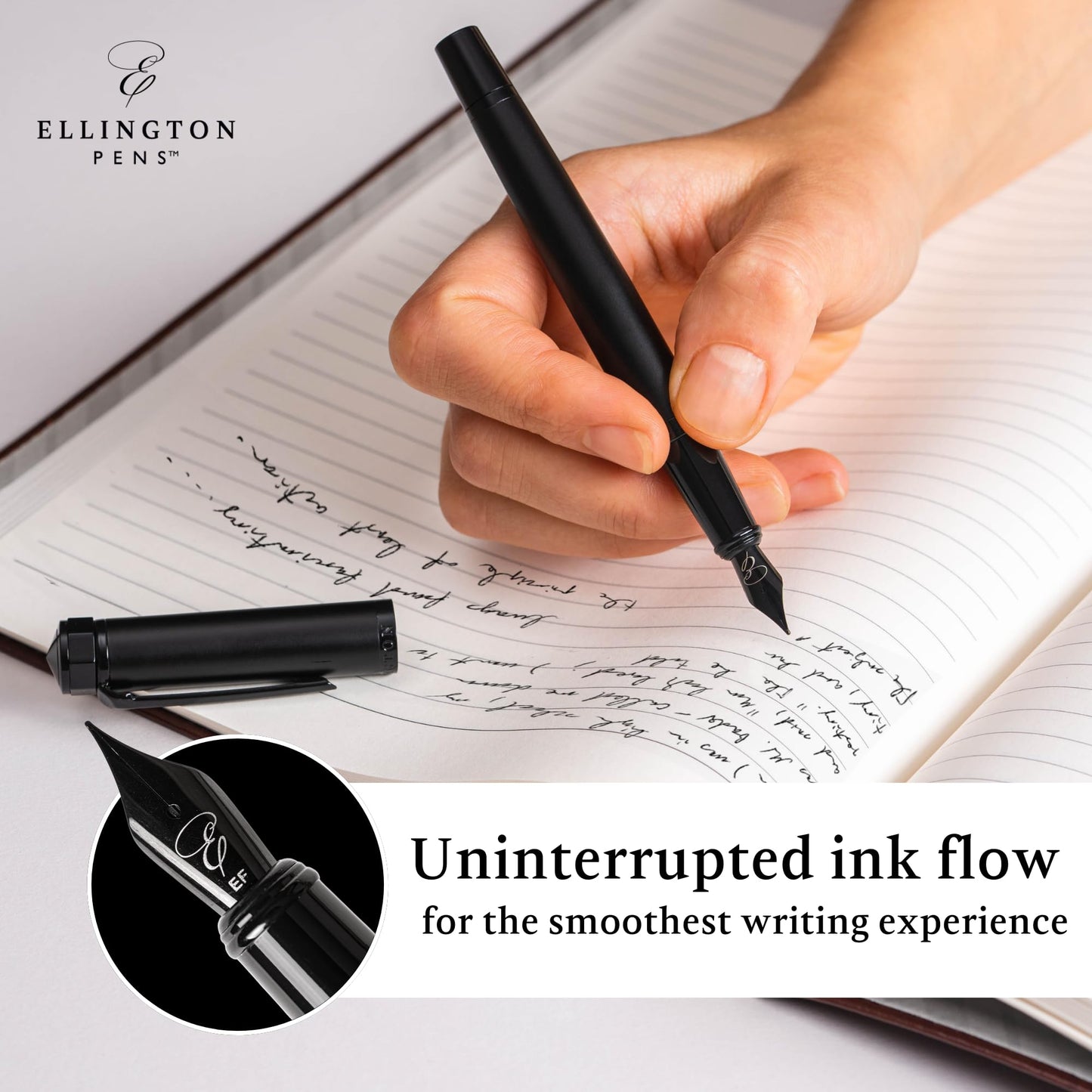 Ellington Pens Luxury Fountain Pen Set - Smooth Medium Nib - Includes 3 Ink Cartridges, Refillable Ink Converter, Gift Box - Fountain Pens For Writing, Calligraphy, Journaling, Sketching (The Stealth)